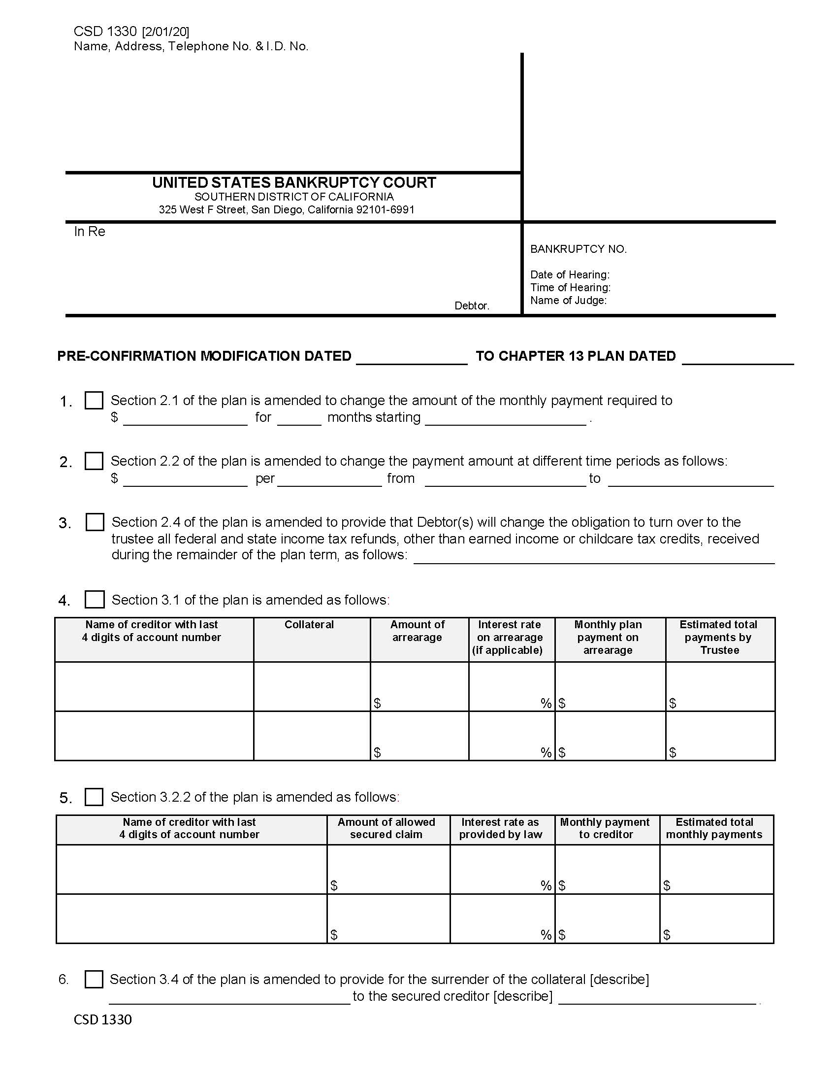 Pre Confirmation Modification To Chapter 13 Plan {CSD 1330} | Pdf Fpdf Docx | California