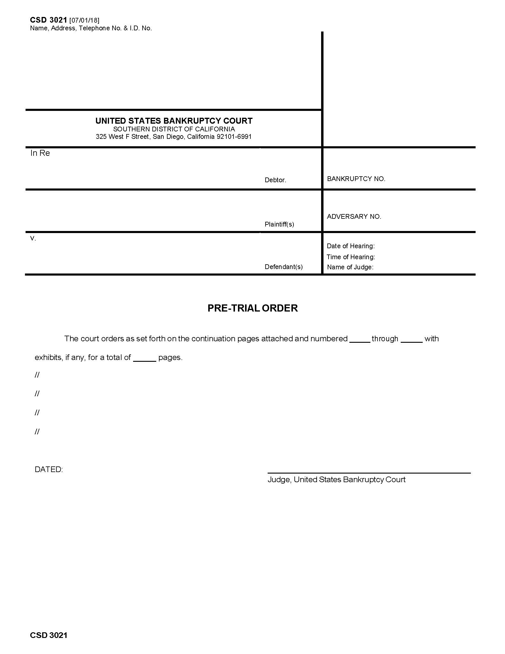 Pre Trial Order {CSD 3021} | Pdf Fpdf Docx | California