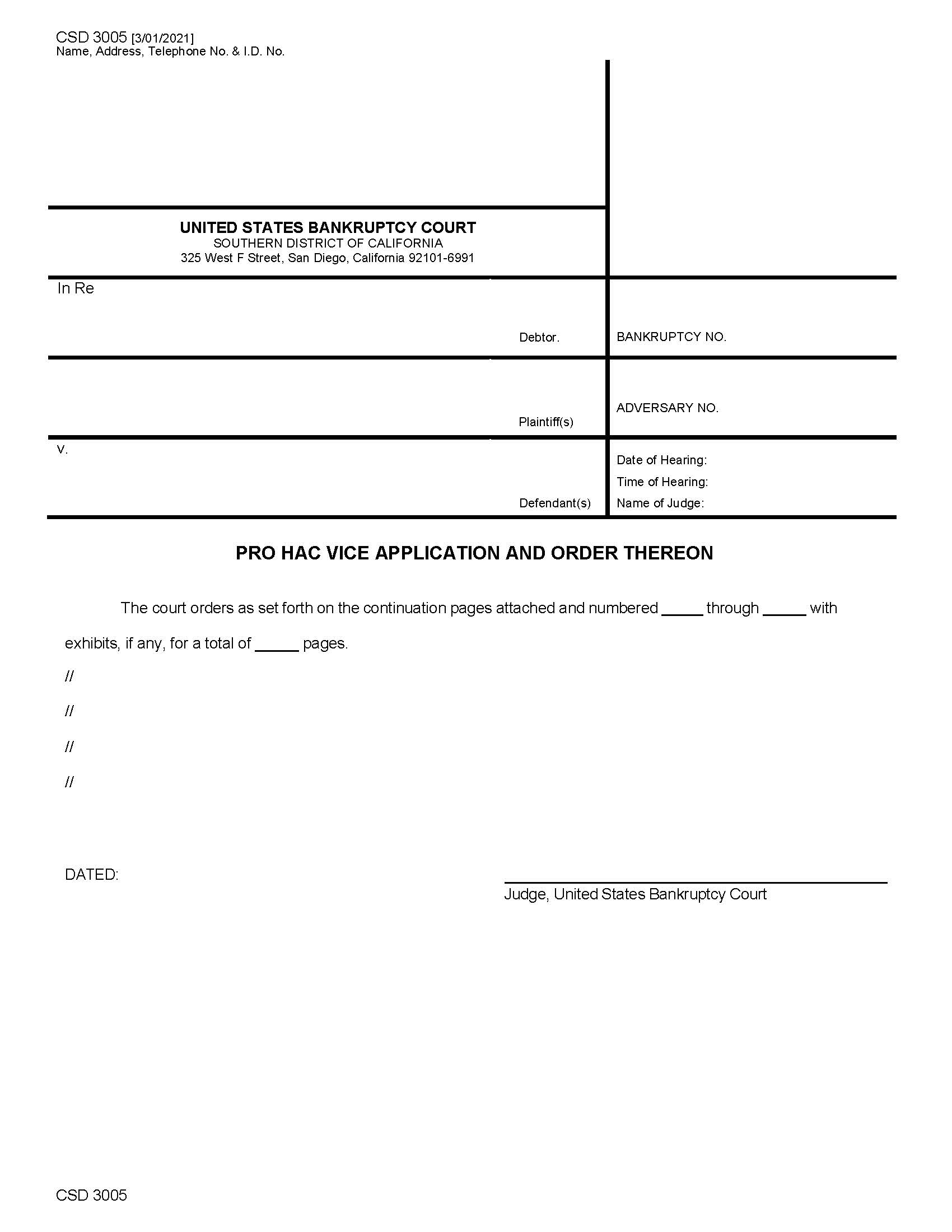 Pro Hac Vice Application And Order Thereon {CSD 3005} | Pdf Fpdf Docx | California
