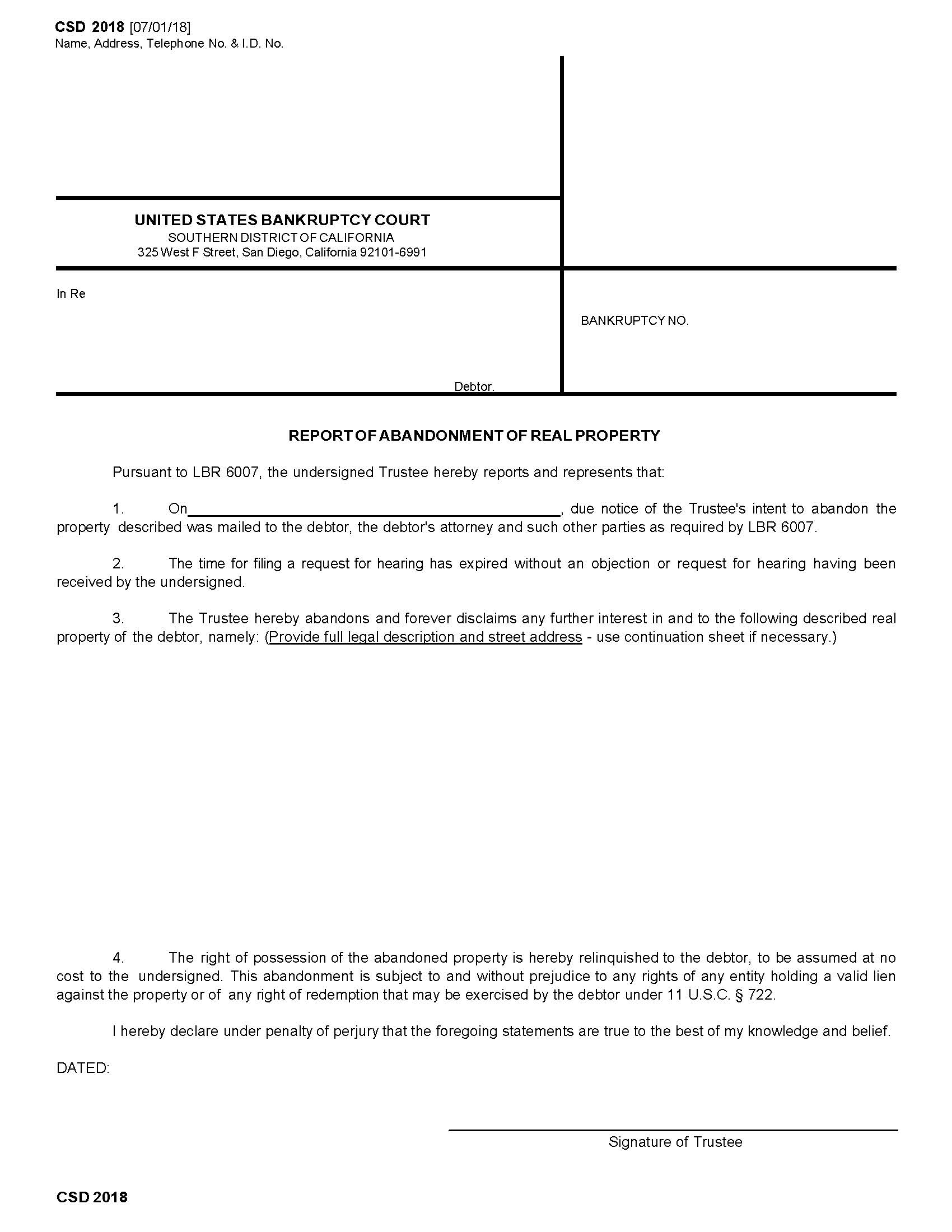 Report Of Abandonment Of Real Property {CSD 2018} | Pdf Fpdf Docx | California