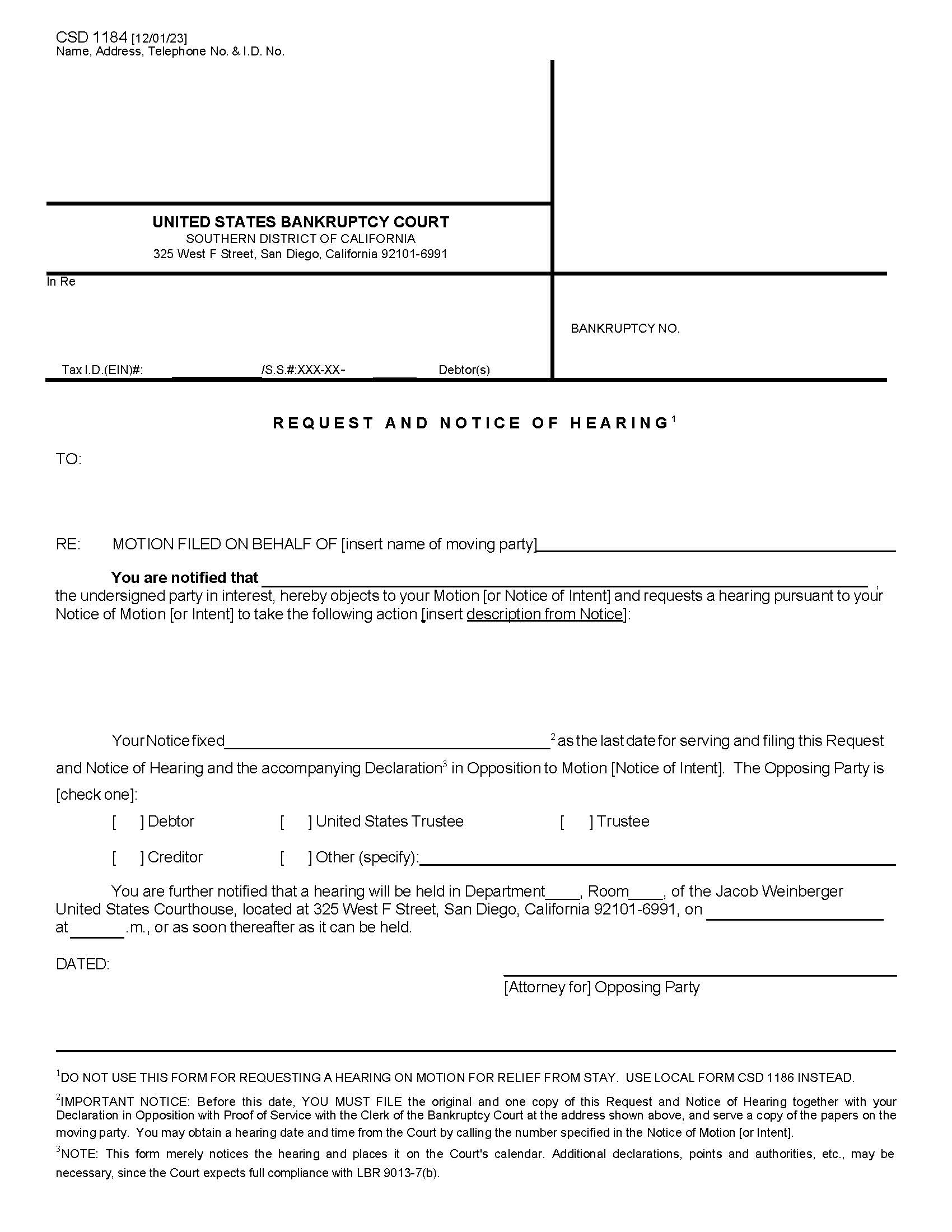 Request And Notice Of Hearing {CSD 1184} | Pdf Fpdf Docx | California