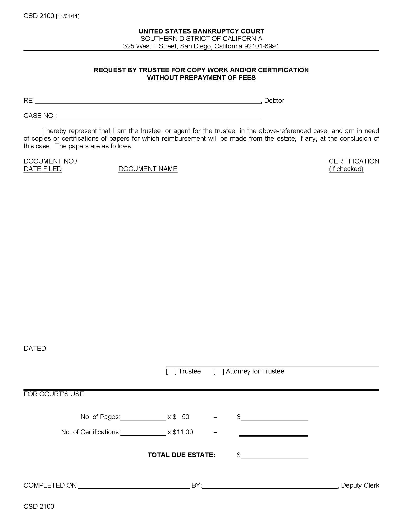 Request By Trustee For Copywork And Certification Without Prepayment Of Fees {CSD 2100} | Pdf Fpdf Doc Docx | California