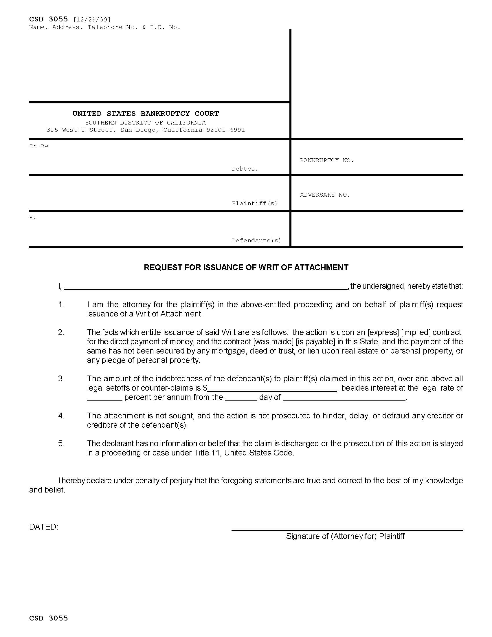 Request For Issuance Of Writ Of Attachment {CSD 3055} | Pdf Fpdf Doc Docx | California