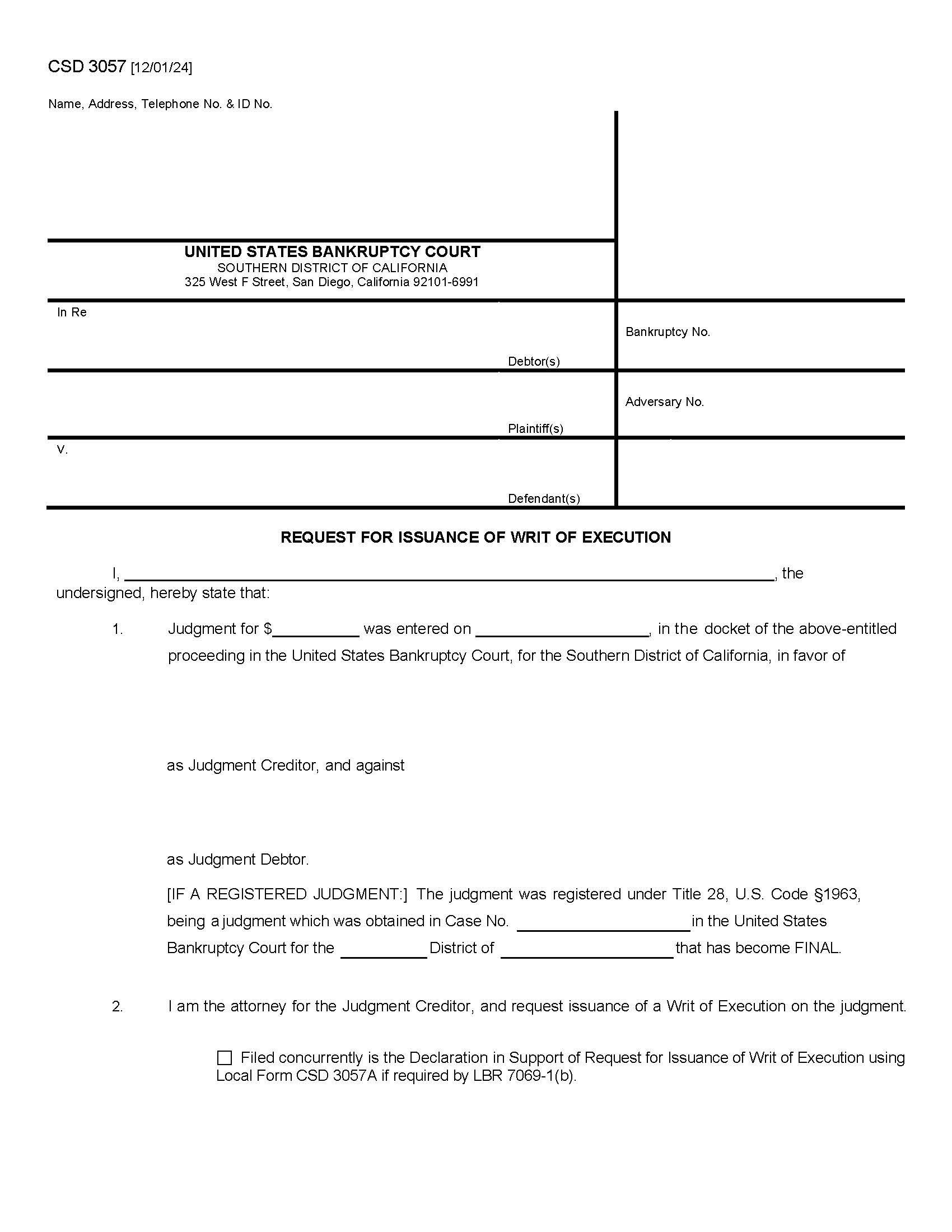 Request For Issuance Of Writ Of Execution {CSD 3057} | Pdf Fpdf Doc Docx | California