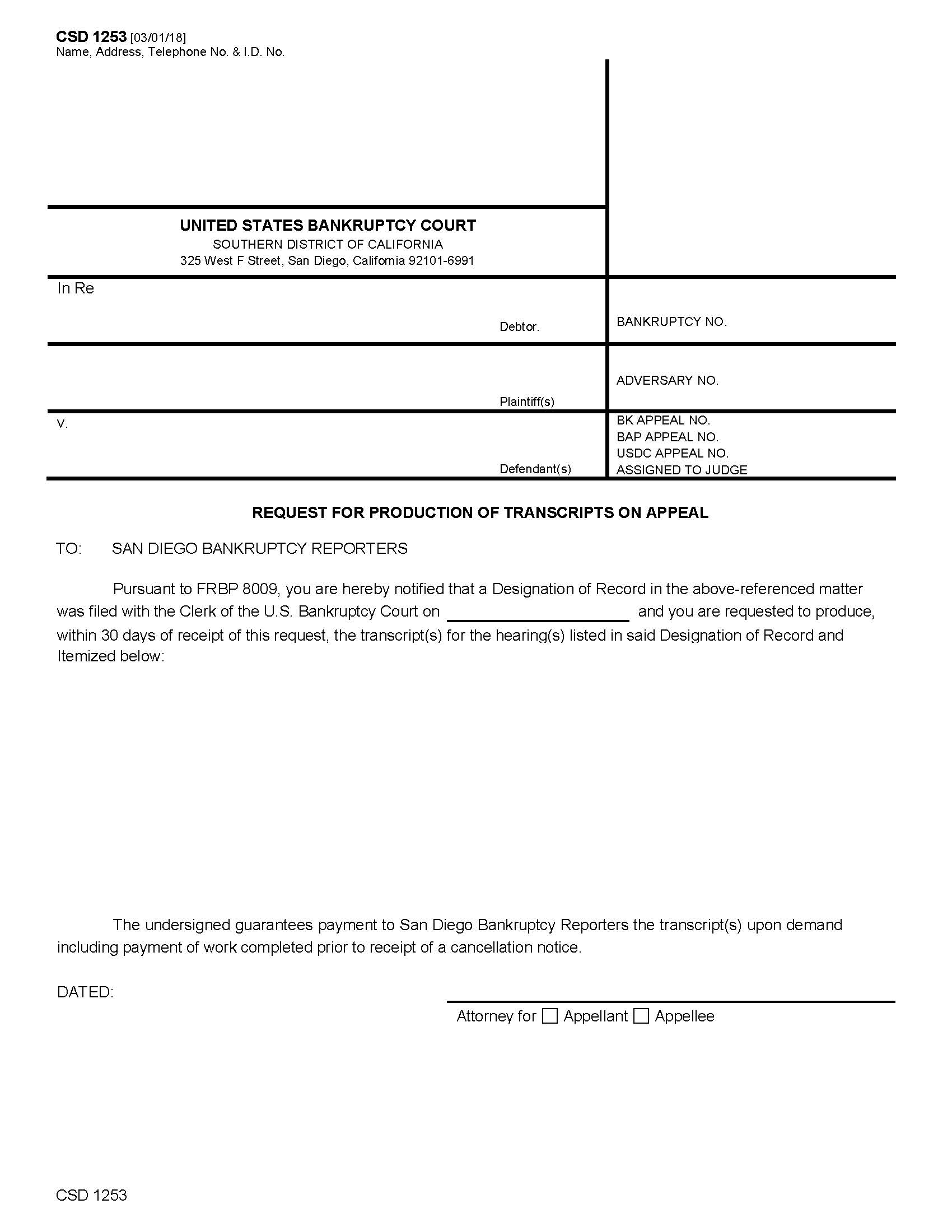 Request For Production Of Transcript On Appeal {CSD 1253} | Pdf Fpdf Docx | California