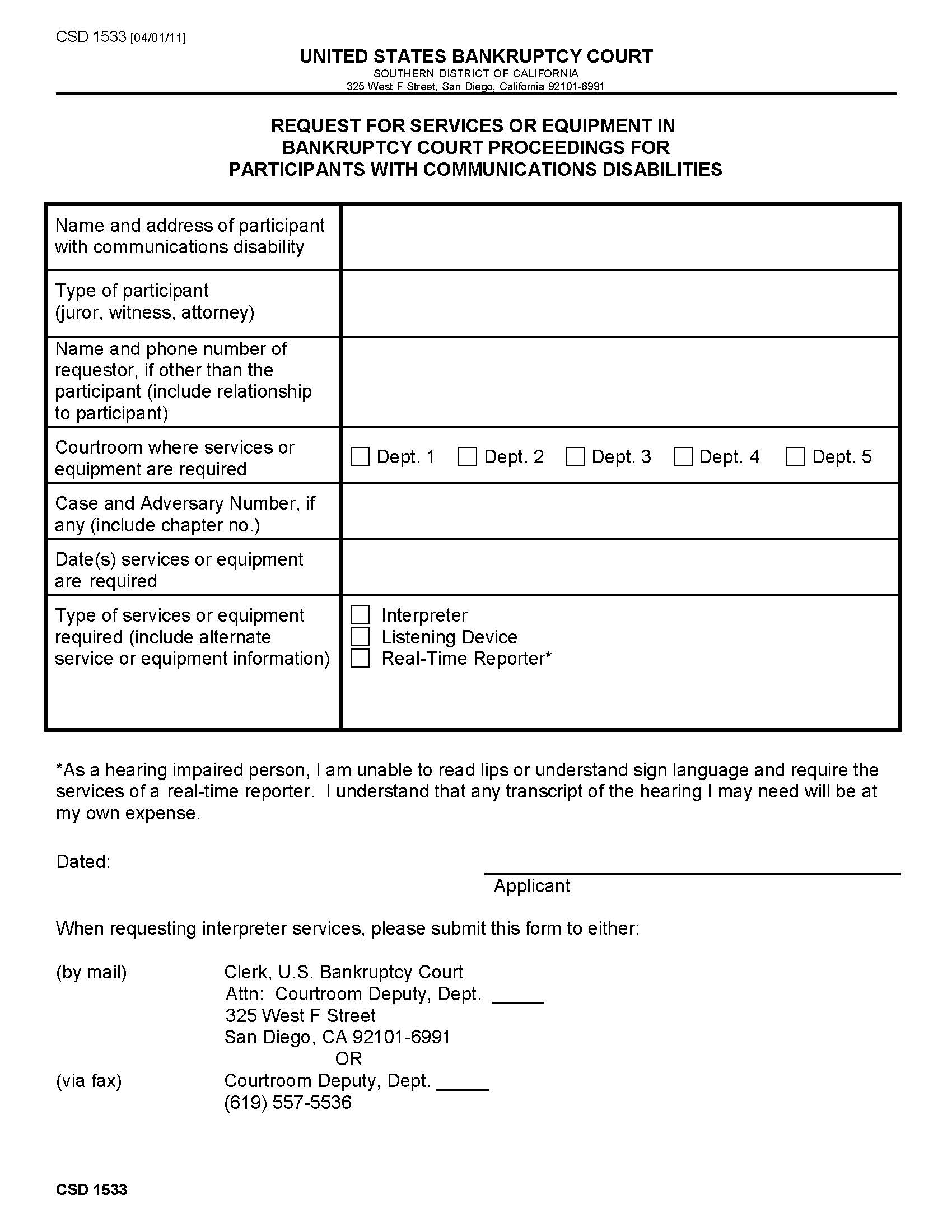 Request For Services Or Equipment In Bankruptcy Court Proceedings {CSD 1533} | Pdf Fpdf Docx | California