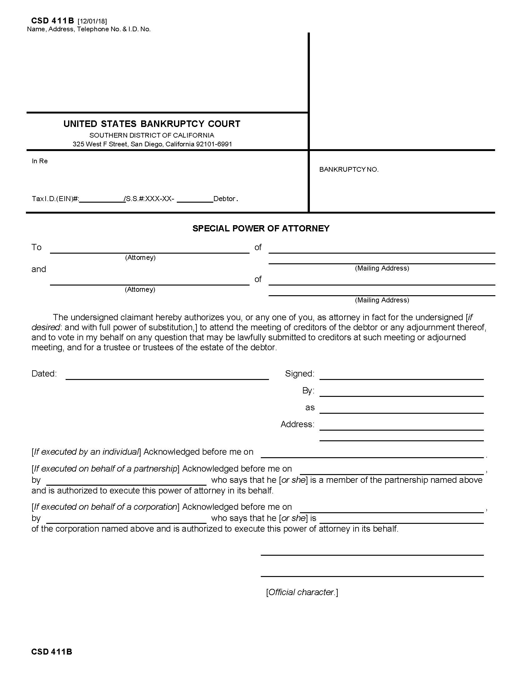 Special Power Of Attorney {CSD 411B} | Pdf Fpdf Docx | California