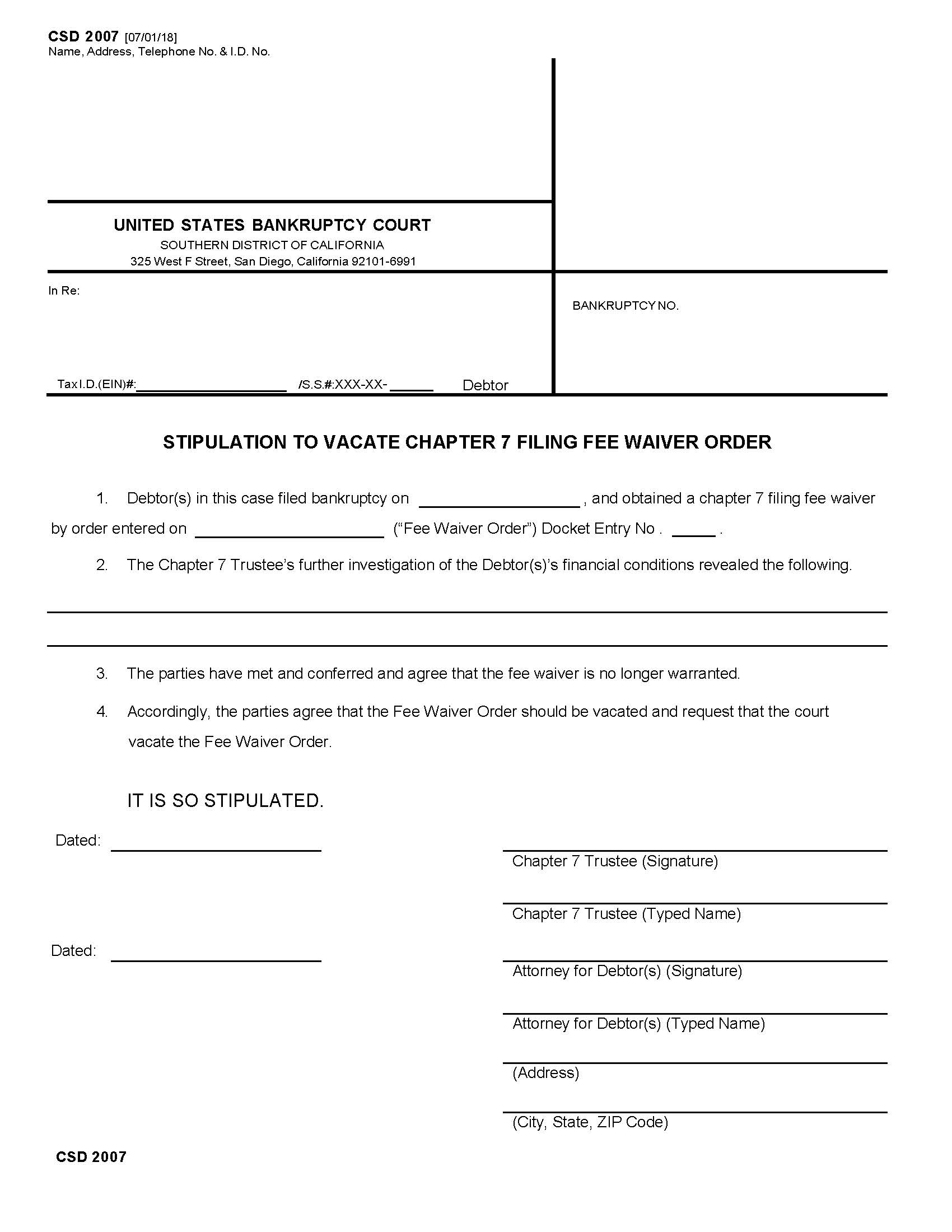 Stipulation To Vacate Chapter 7 Filing Fee Waiver Order {CSD 2007} | Pdf Fpdf Docx | California