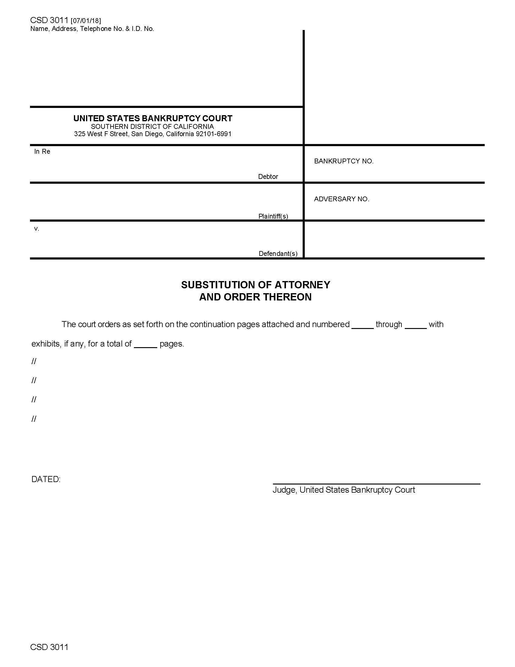 Substitution Of Attorney And Order Thereon {CSD 3011} | Pdf Fpdf Docx | California