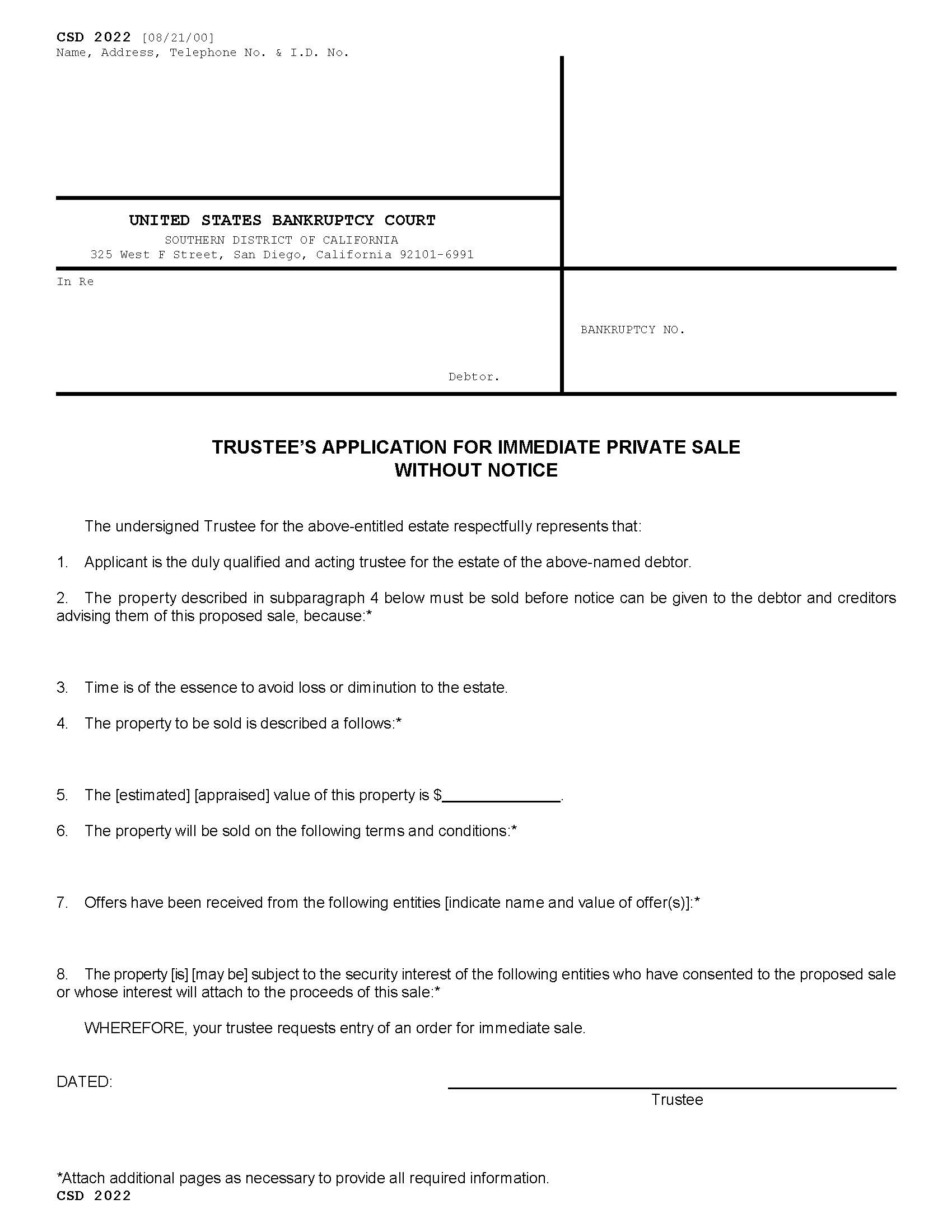 Trustee's Application For Immediate Private Sale Without Notice {CSD 2022} | Pdf Fpdf Doc Docx | California