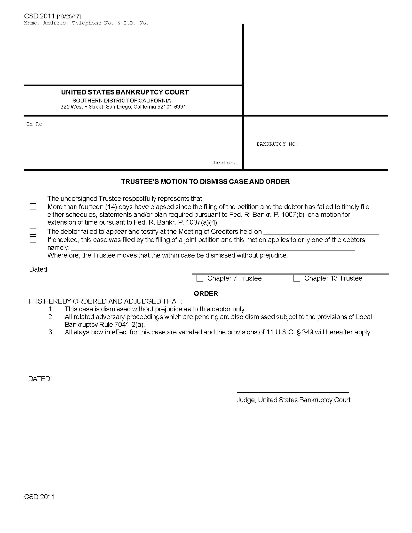 Trustees Motion To Dismiss Case And Order {CSD 2011} | Pdf Fpdf Doc Docx | California
