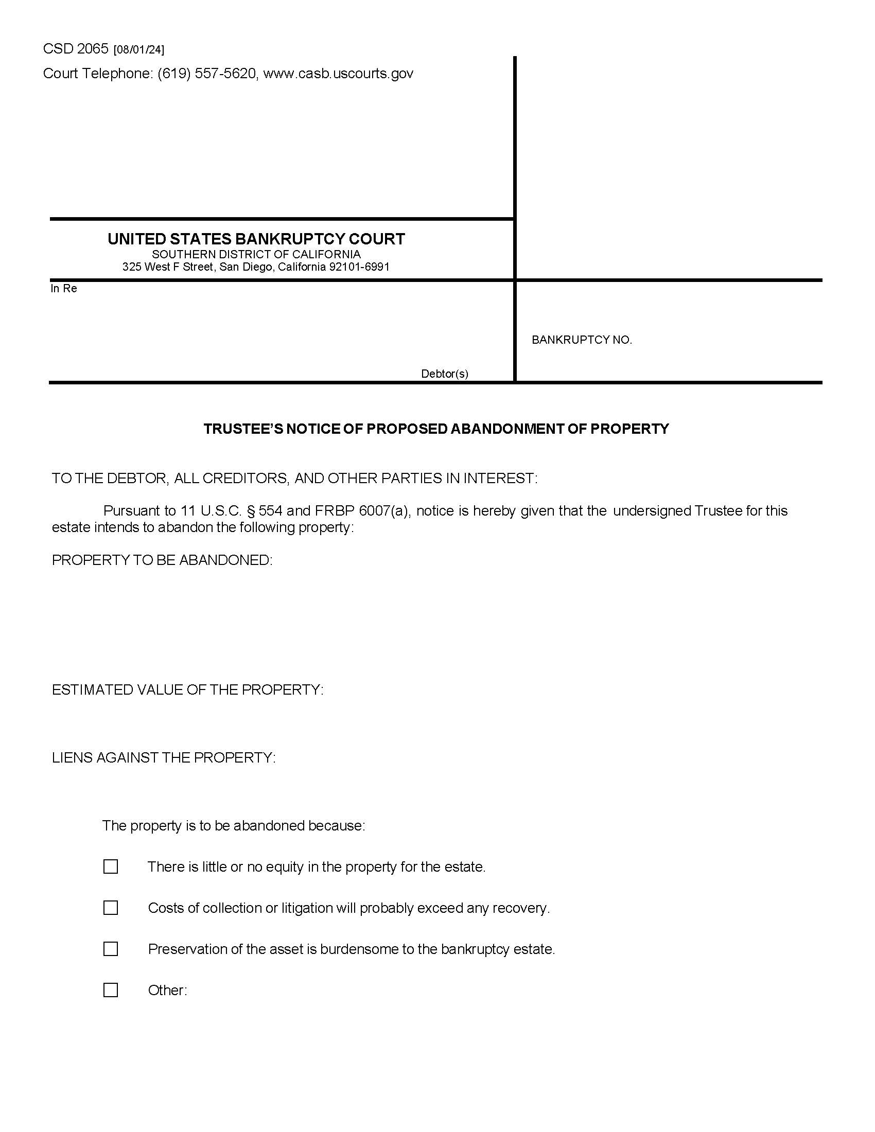 Trustees Notice Of Proposed Abandonment Of Property {CSD 2065} | Pdf Fpdf Doc Docx | California