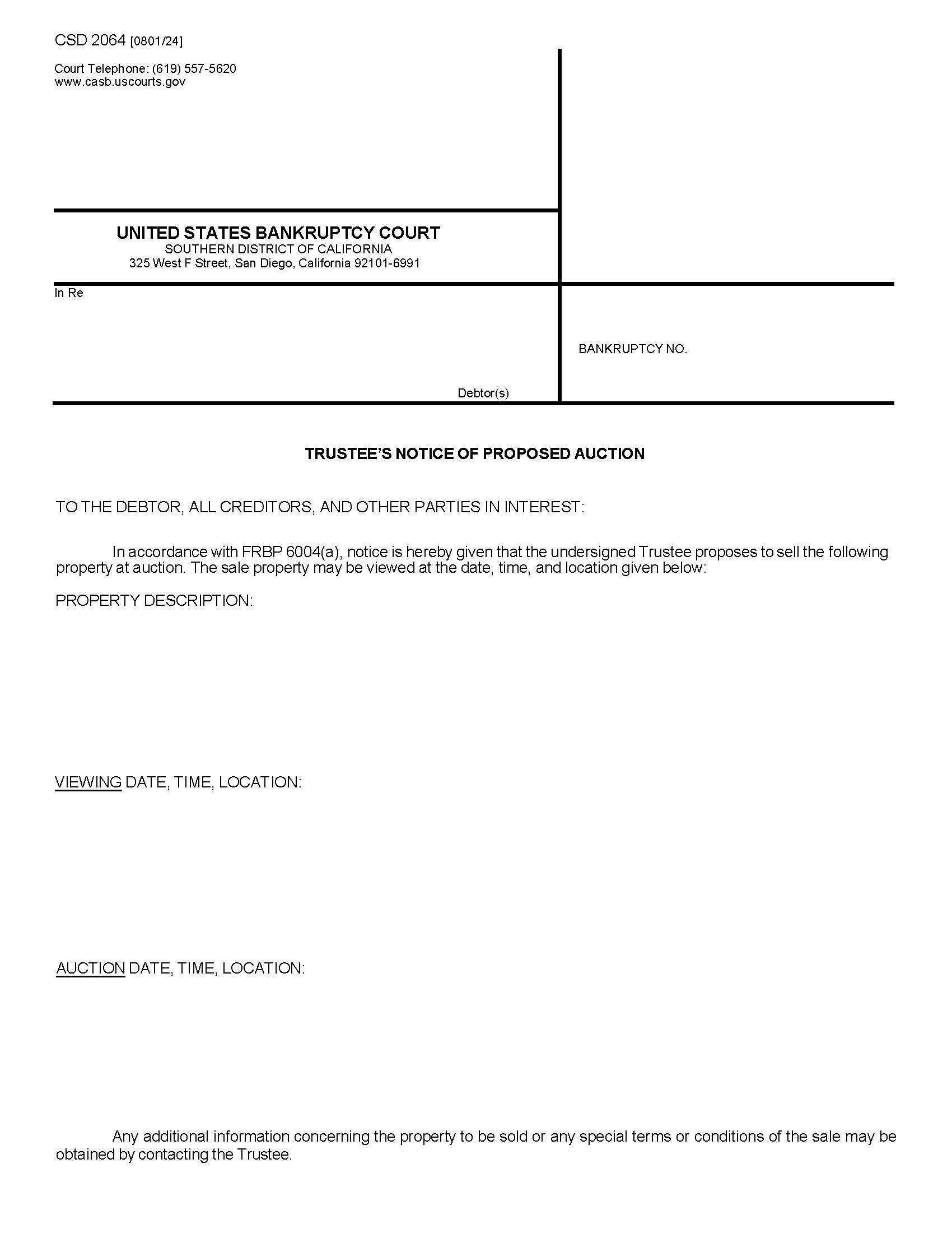 Trustees Notice Of Proposed Auction {CSD 2064} | Pdf Fpdf Doc Docx | California