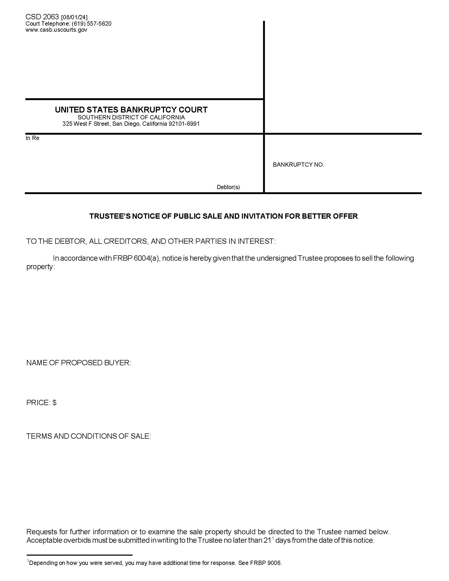 Trustees Notice Of Public Sale And Invitation For Better Offer {CSD 2063} | Pdf Fpdf Doc Docx | California