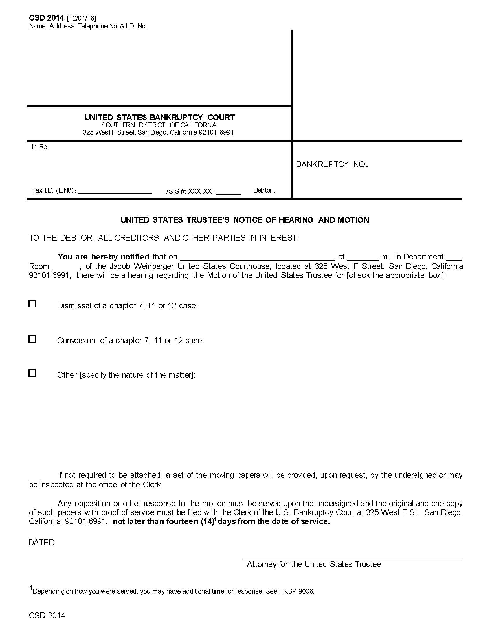 US Trustees Notice Of Hearing And Motion {CSD 2014} | Pdf Fpdf Doc Docx | California