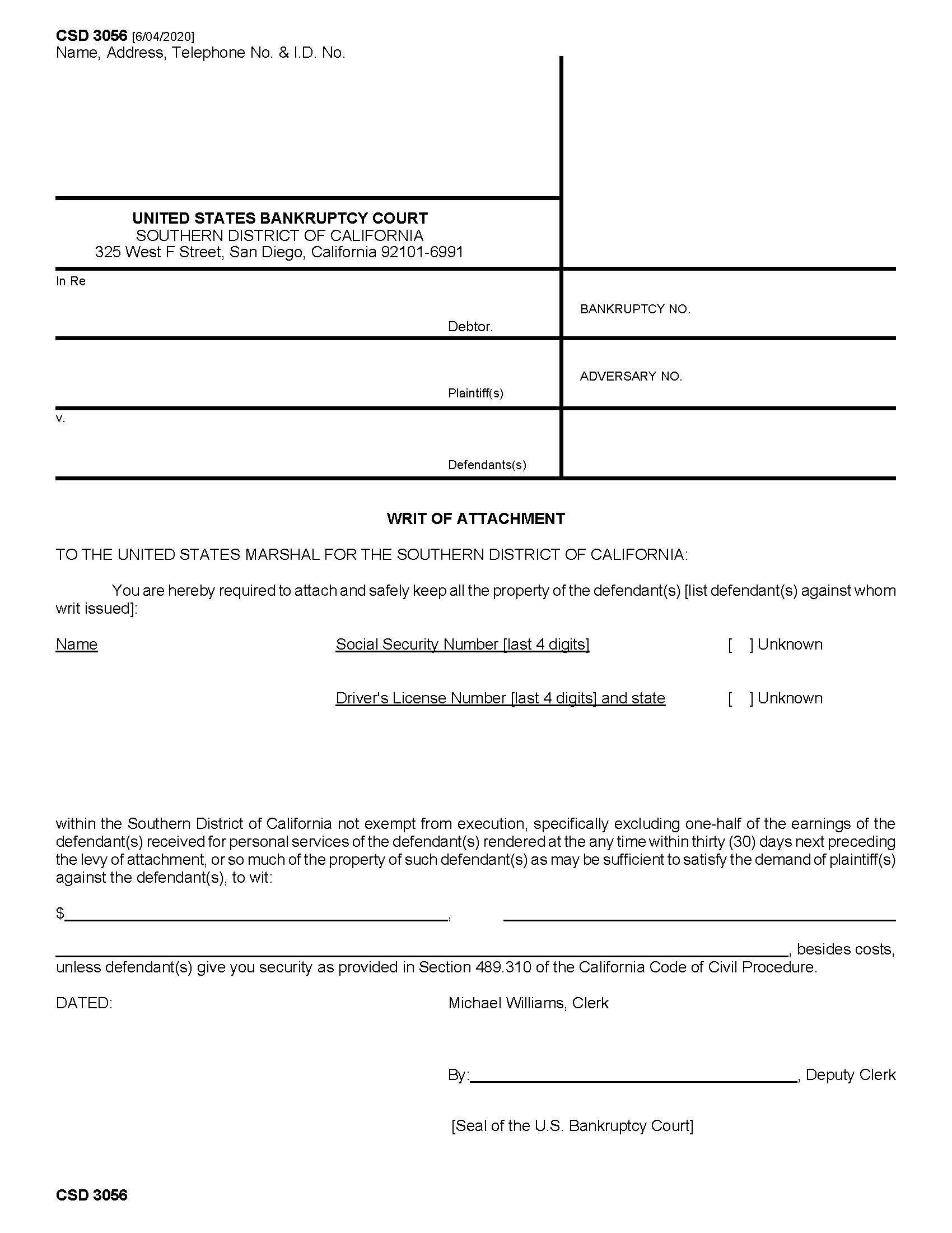 Writ Of Attachment {CSD 3056} | Pdf Fpdf Doc Docx | California