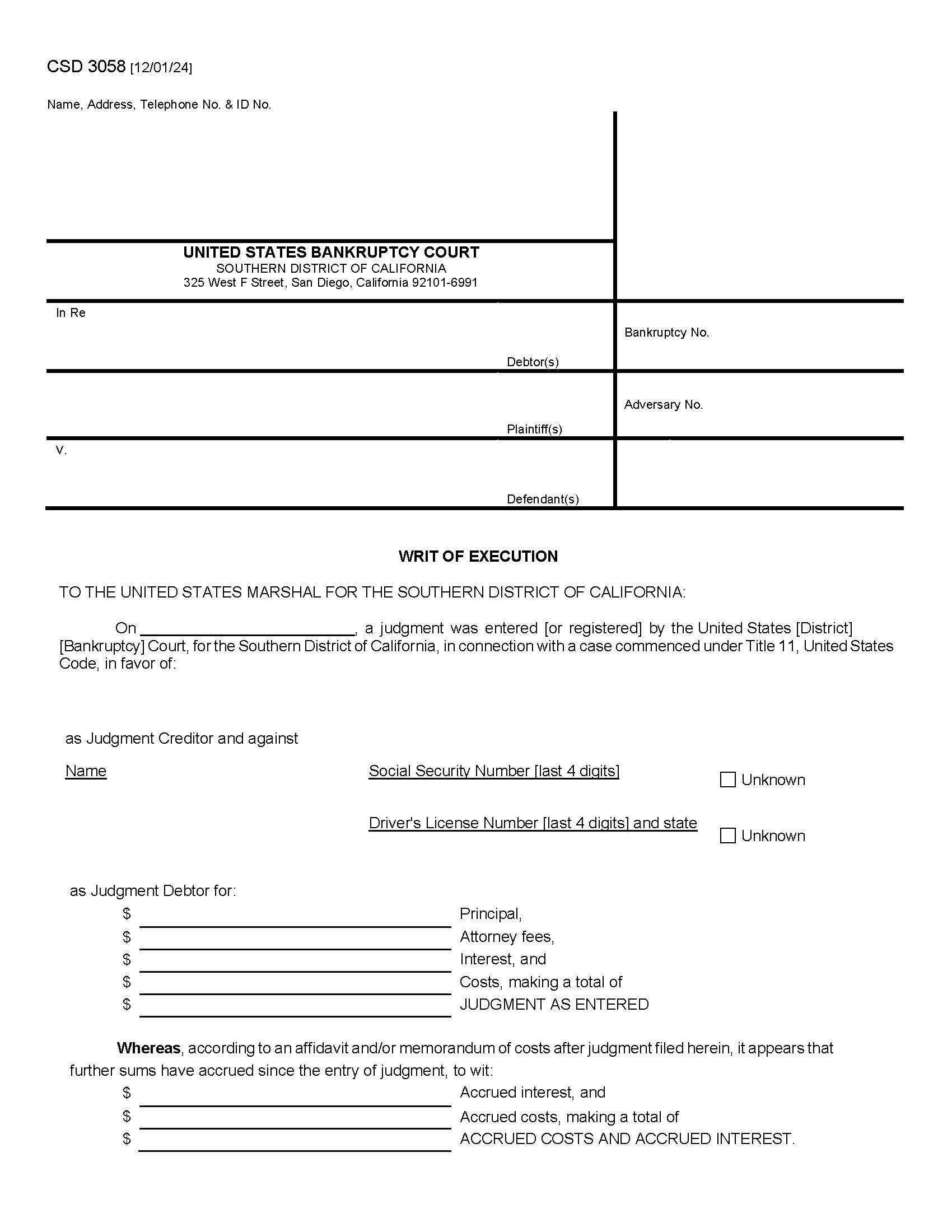 Writ Of Execution {CSD 3058} | Pdf Fpdf Doc Docx | California