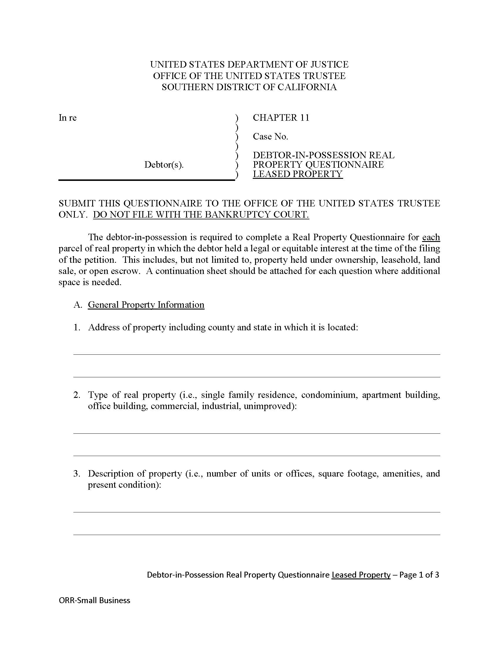 Chapter 11 Debtor-In-Possession Real Property Questionnaire Leased Property | Pdf Fpdf Docx | California