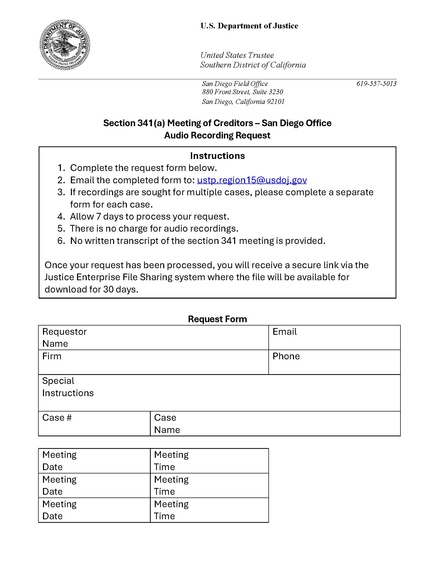 Section 341(a) Meeting Of Creditors Audio Recording Request | Pdf Fpdf Docx | California