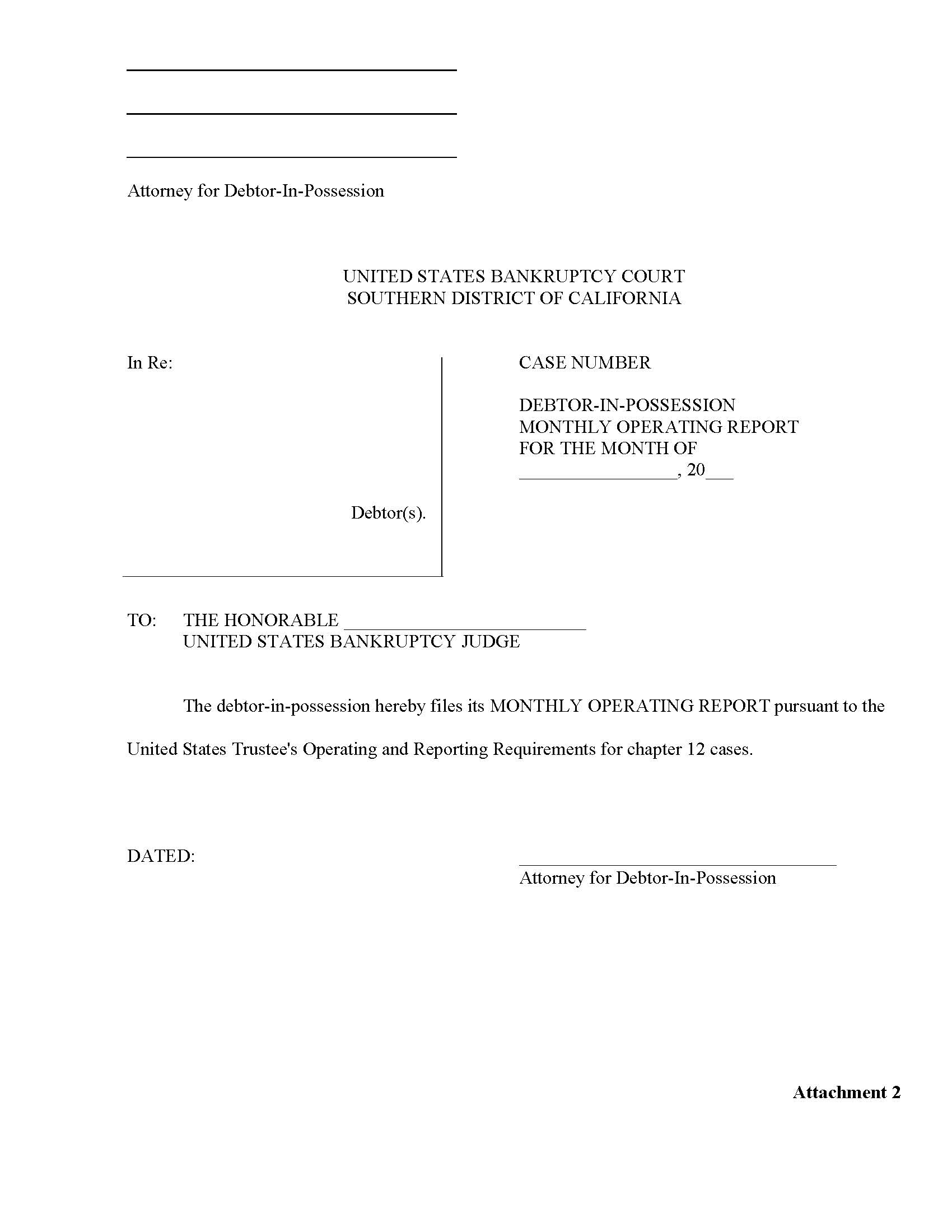 Debtor-In-Possession Monthly Operating Report (Attachment 2) | Pdf Fpdf Doc Docx | California