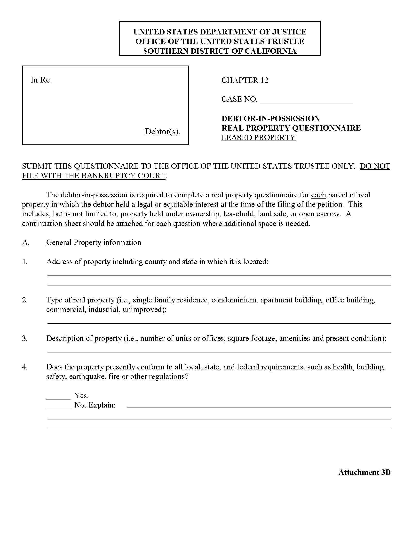 Debtor-In-Possession Real Property Questionnaire Leased Property (Attachement 3B) | Pdf Fpdf Doc Docx | California