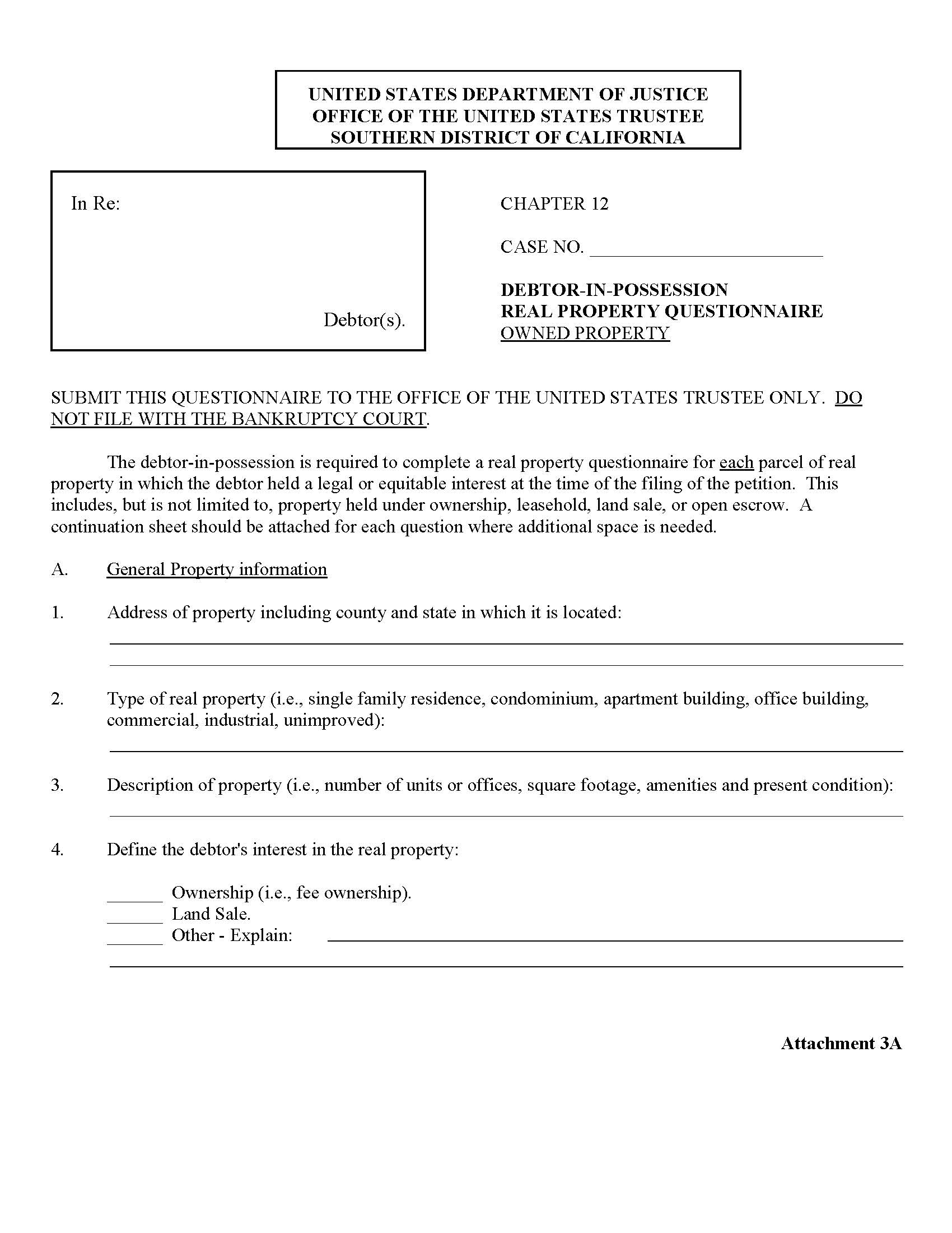 Debtor-In-Possession Real Property Questionnaire Owned Property (Attachment 3A) | Pdf Fpdf Doc Docx | California