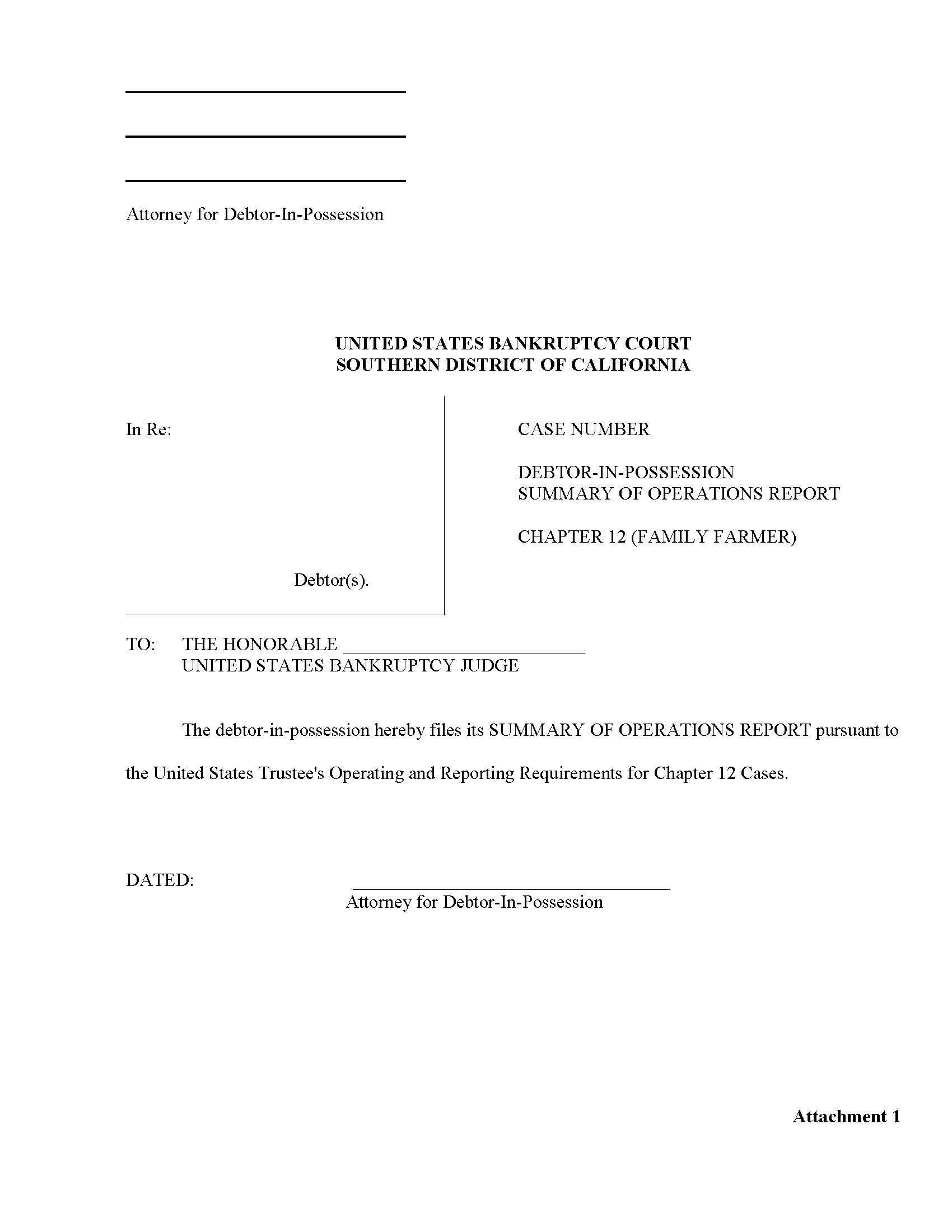 Debtor-In-Possession Summary Of Operations Report (Attachment 1) | Pdf Fpdf Doc Docx | California