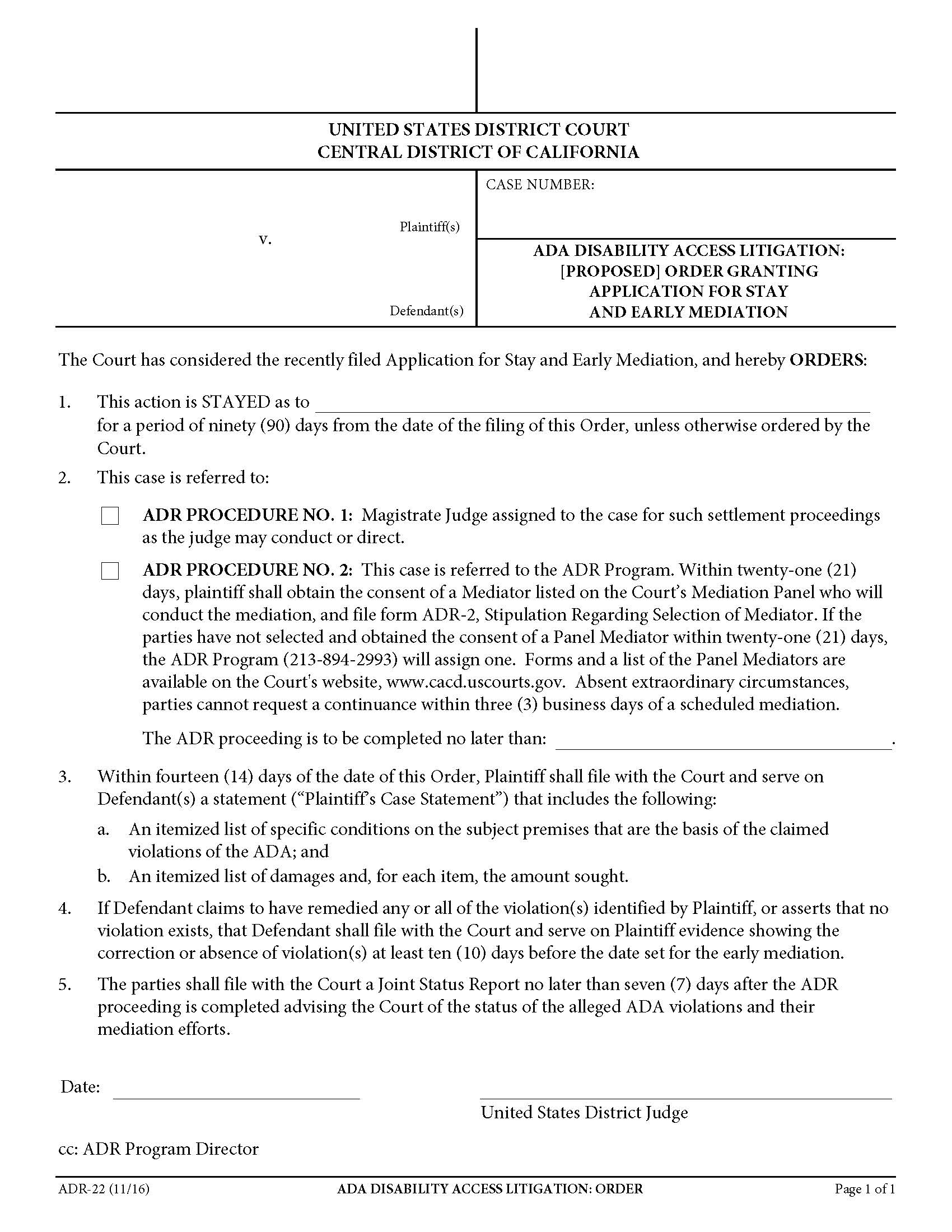 ADA Disability Access Litigation-Order {ADR-22} | Pdf Fpdf Doc Docx | California