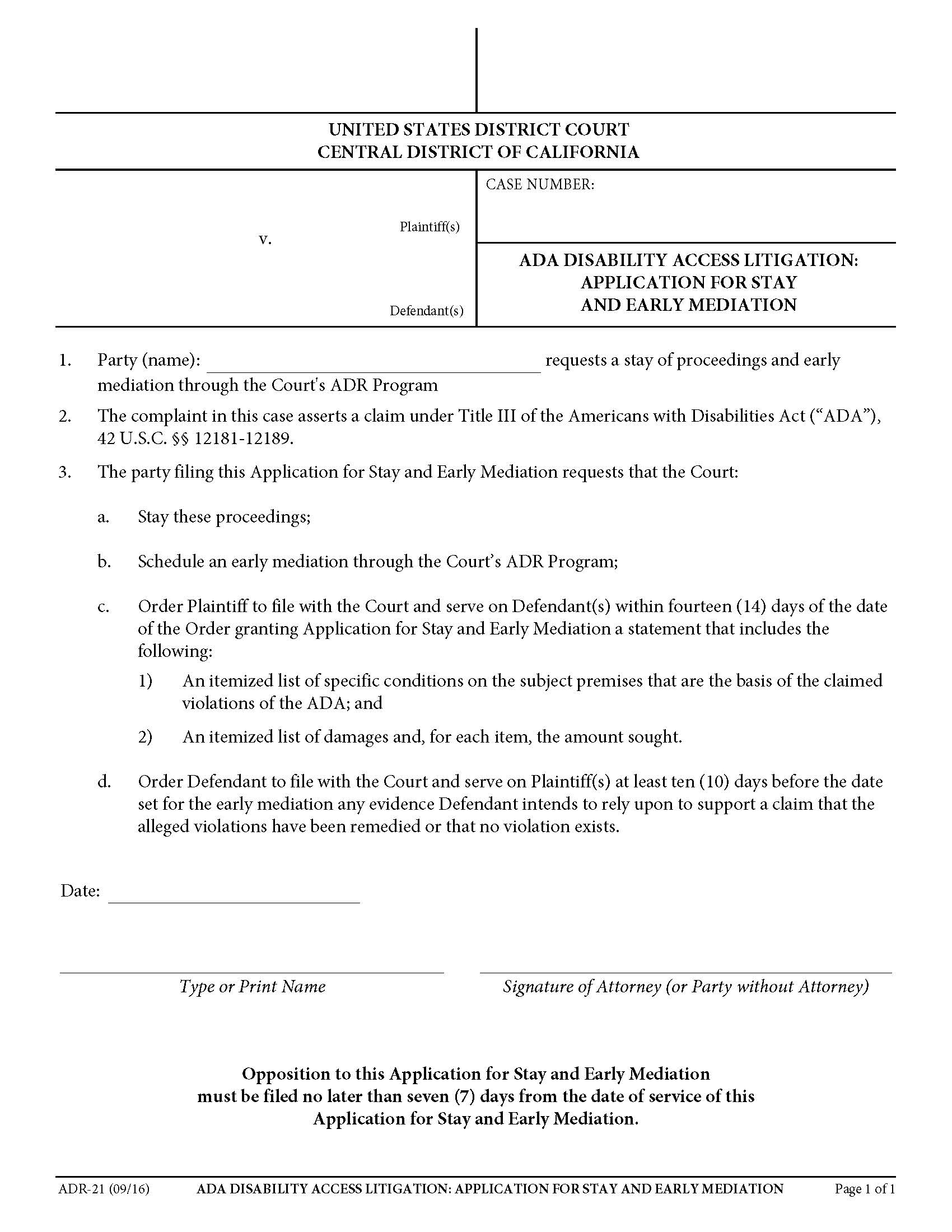 Application For Stay And Early Mediation {ADR-21} | Pdf Fpdf Doc Docx | California