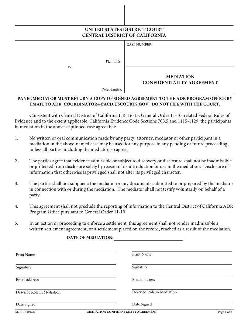 Mediation Confidentiality Agreement {ADR-17} | Pdf Fpdf Docx | California