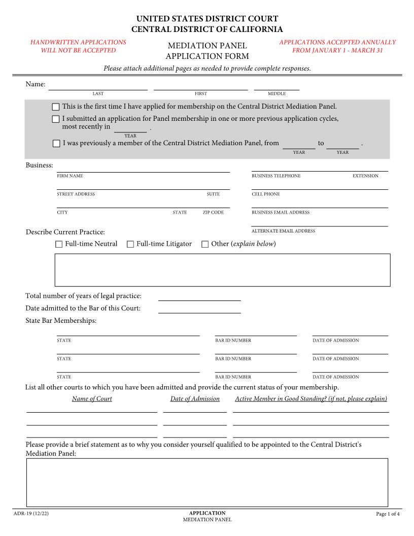 Mediation Panel Application Form {ADR-19} | Pdf Fpdf Docx | California