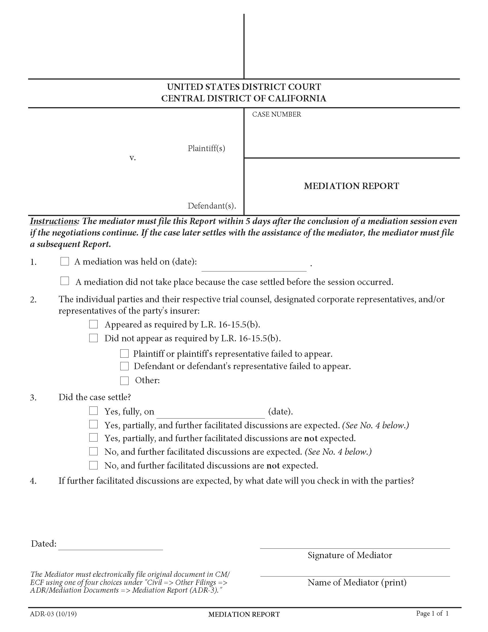 Mediation Report {ADR-03} | Pdf Fpdf Docx | California