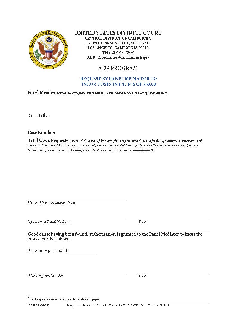 Request By Panel Mediator To Incur Costs In Excess {ADR-23} | Pdf Fpdf Docx | California