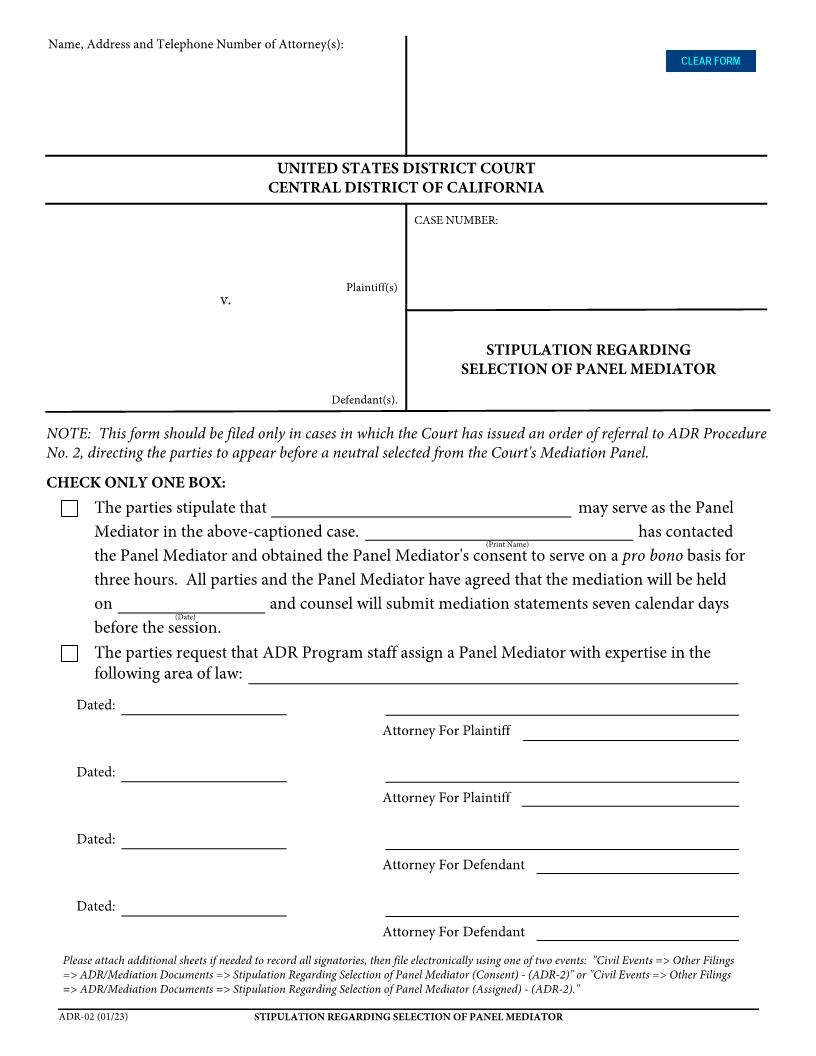 Stipulation Regarding Selection Of Panel Mediator {ADR-02} | Pdf Fpdf Doc Docx | California