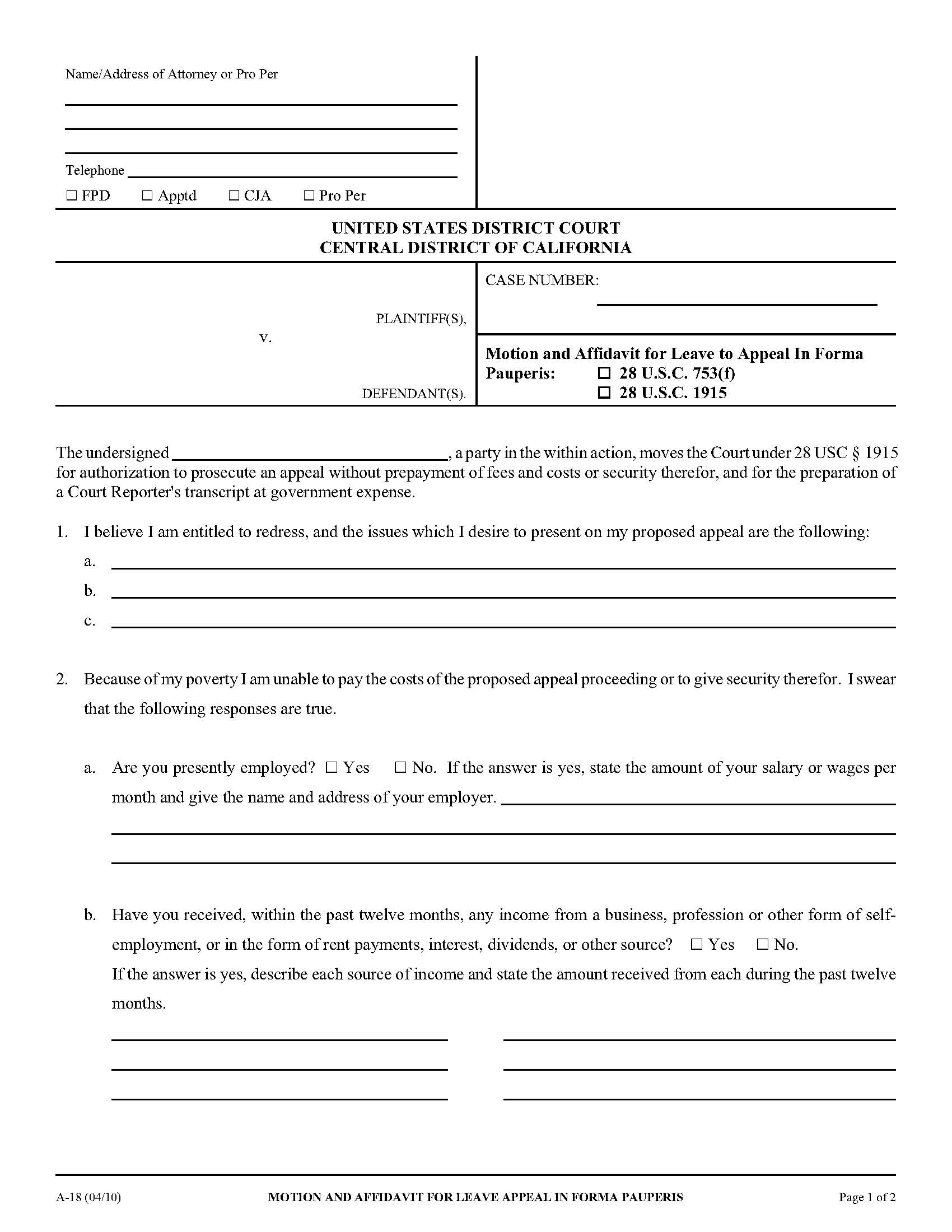 Motion And Affidavit For Leave To Appeal In Forma Pauperis {A-18} | Pdf Fpdf Doc Docx | California