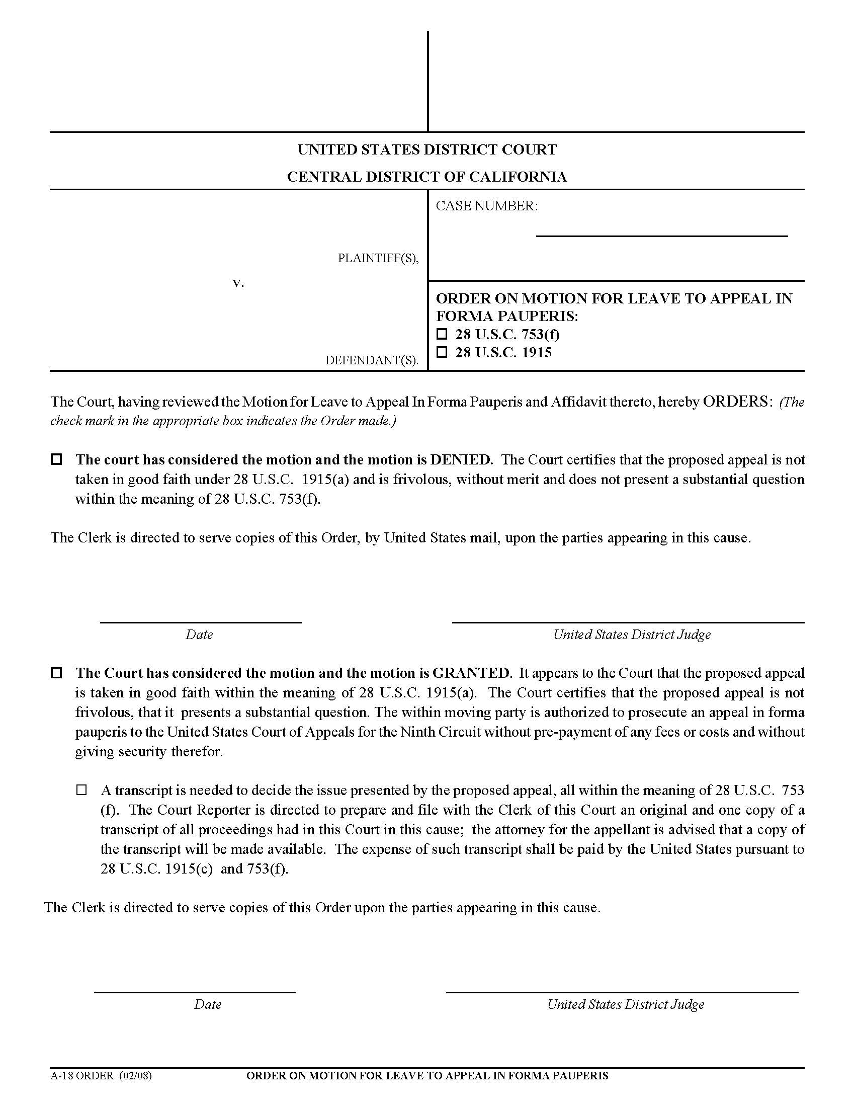 Order On Motion For Leave To Appeal In Forma Pauperis {A-18} | Pdf Fpdf Docx | California