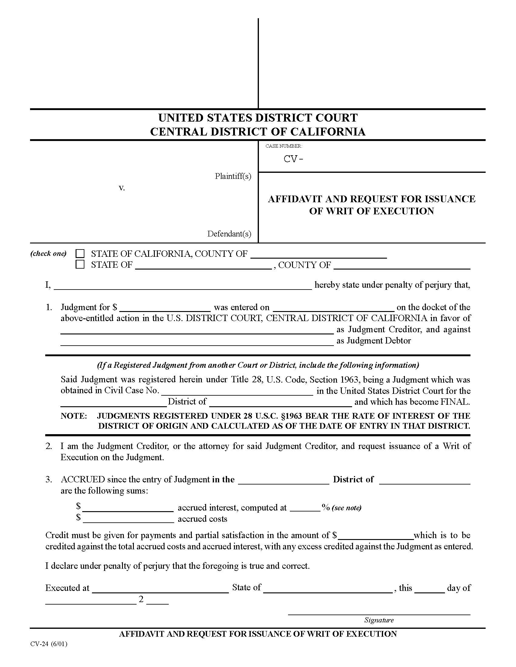 Affidavit And Request For Issuance Of Writ Of Execution {CV-24} | Pdf Fpdf Doc Docx | California