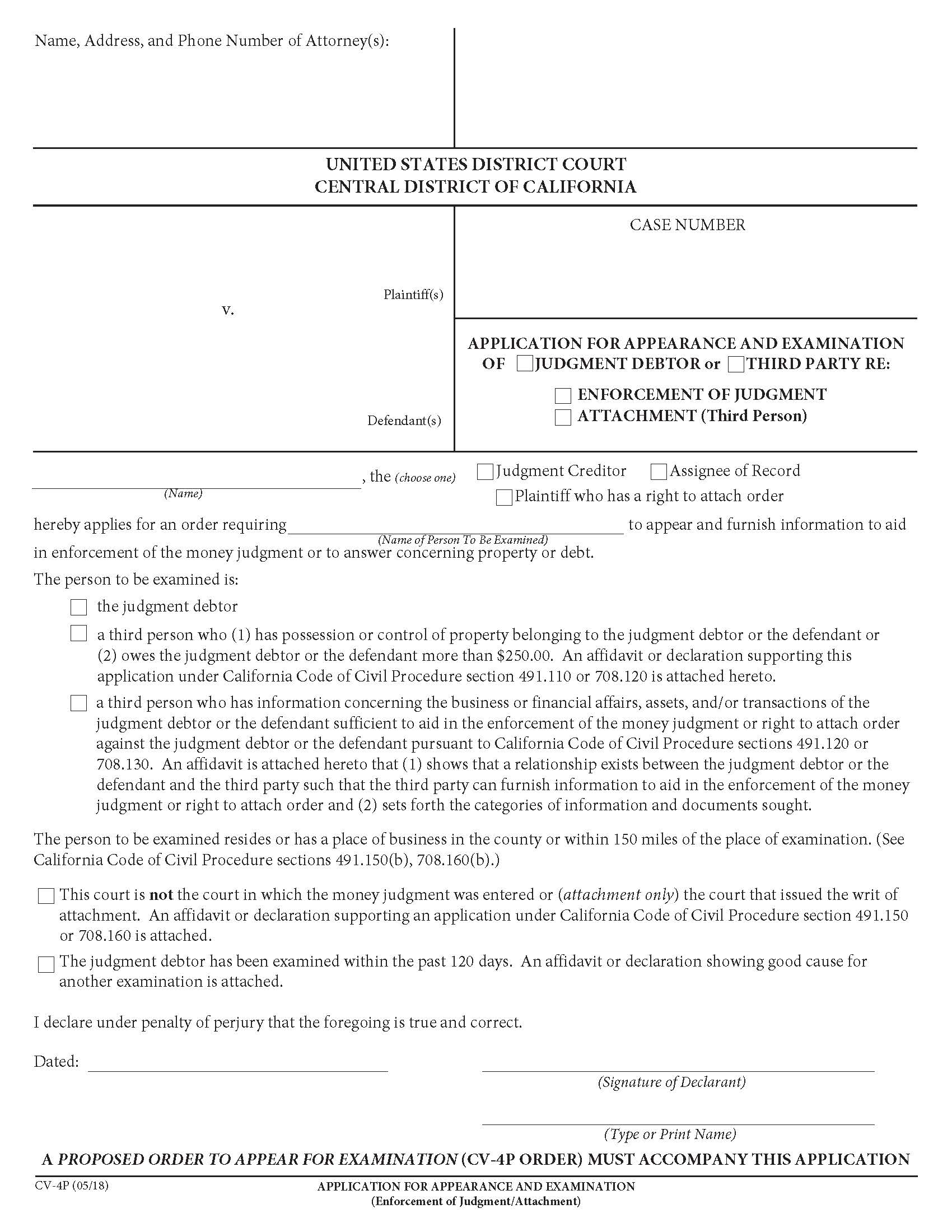 Application For Appearance And Examination {CV-4P} | Pdf Fpdf Docx | California