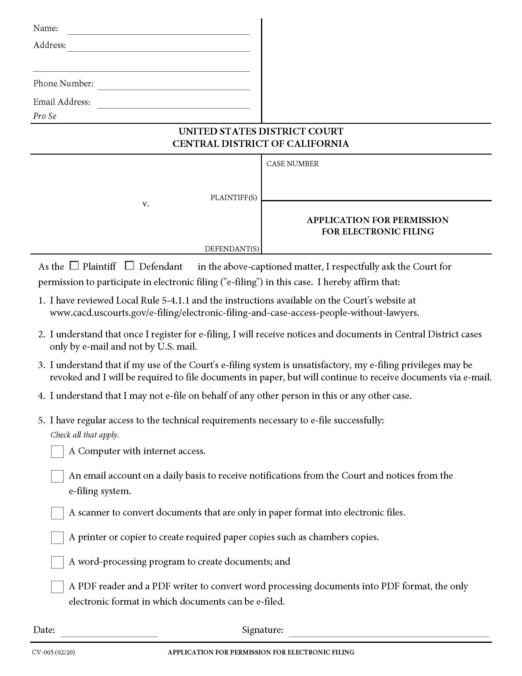 Application For Permission For Electronic Case Filing {CV-05} | Pdf Fpdf Doc Docx | California