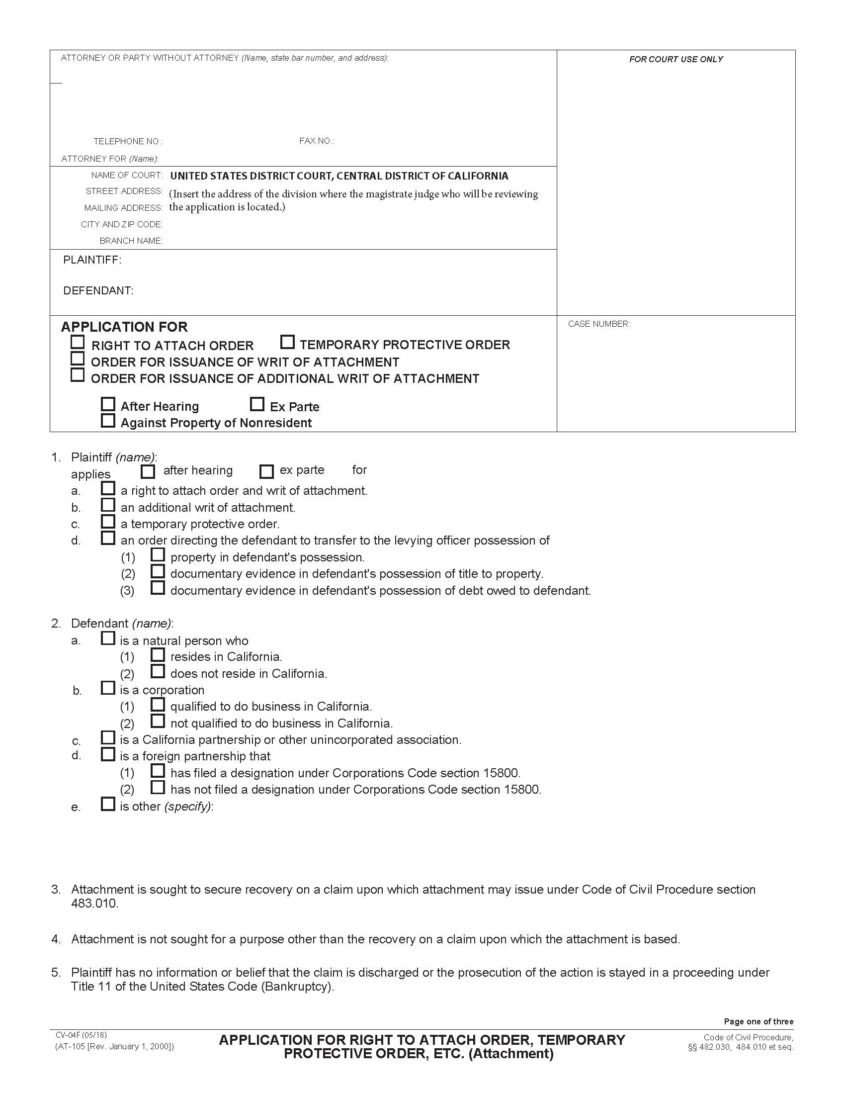 Application For Right To Attach Order, Temporary Protective Order (Attachment) {CV-4F} | Pdf Fpdf Doc Docx | California
