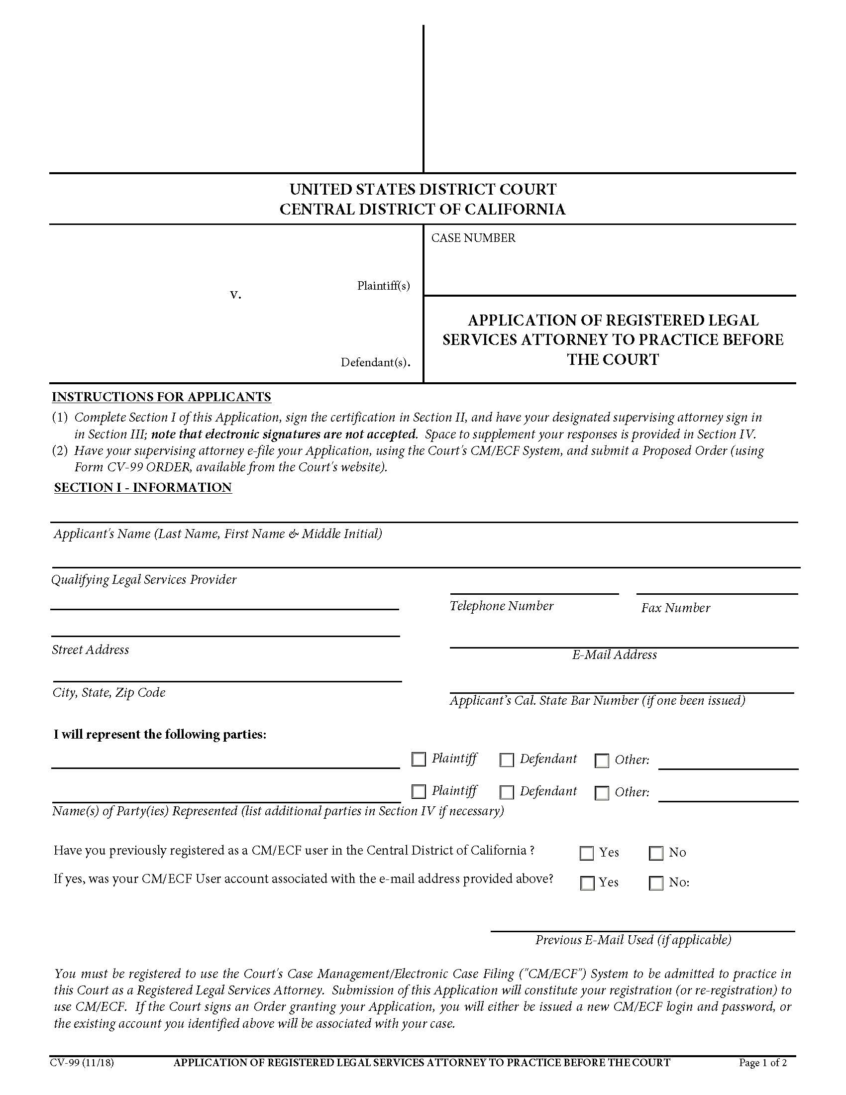Application Of Registered Legal Services Attorney To Practice Before The Court {CV-99} | Pdf Fpdf Doc Docx | California