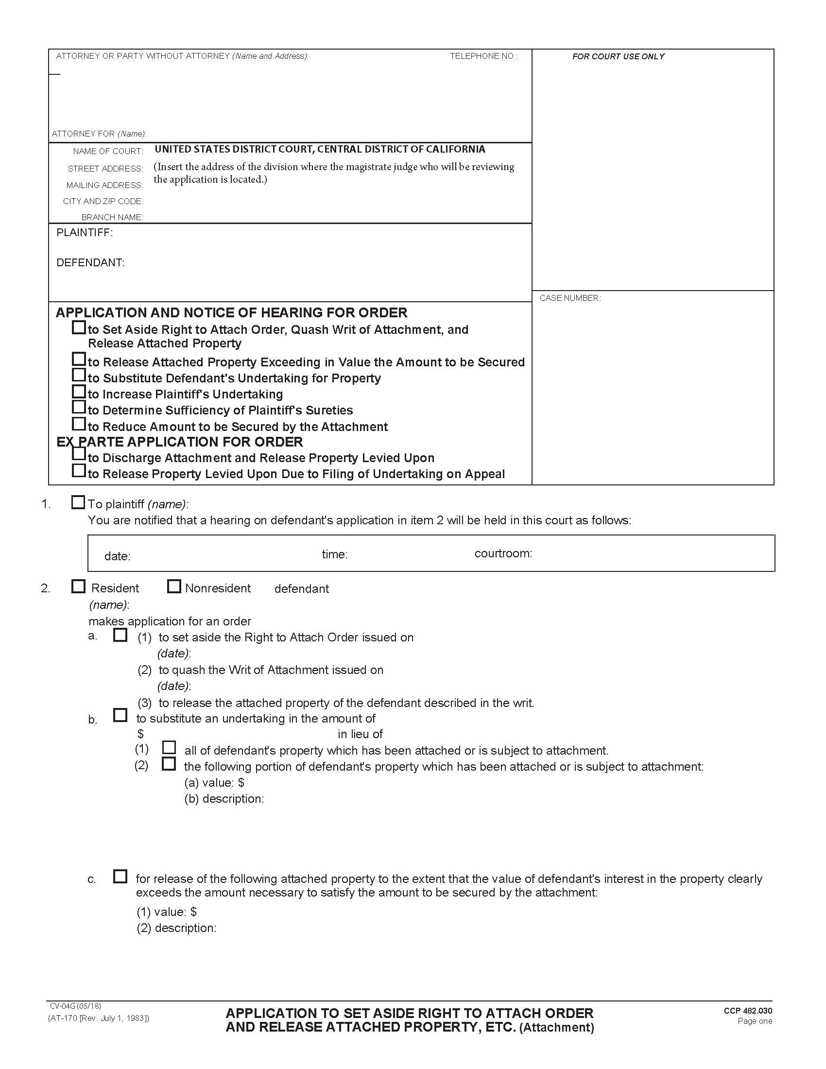 Application To Set Aside Right To Attach Order And Release Attached Property Etc (Attachment) {CV-4G} | Pdf Fpdf Doc Docx | California