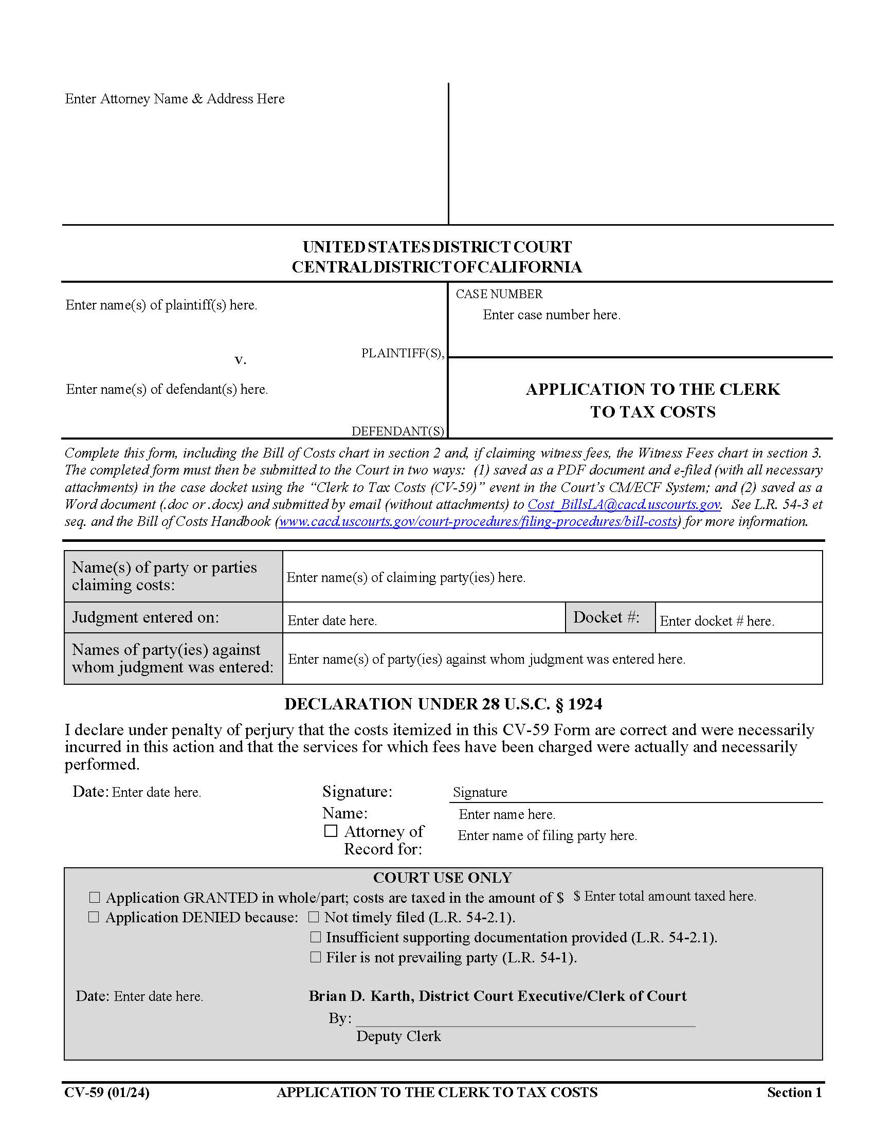 Bill Of Costs {CV-59} | Pdf Fpdf Doc Docx | California
