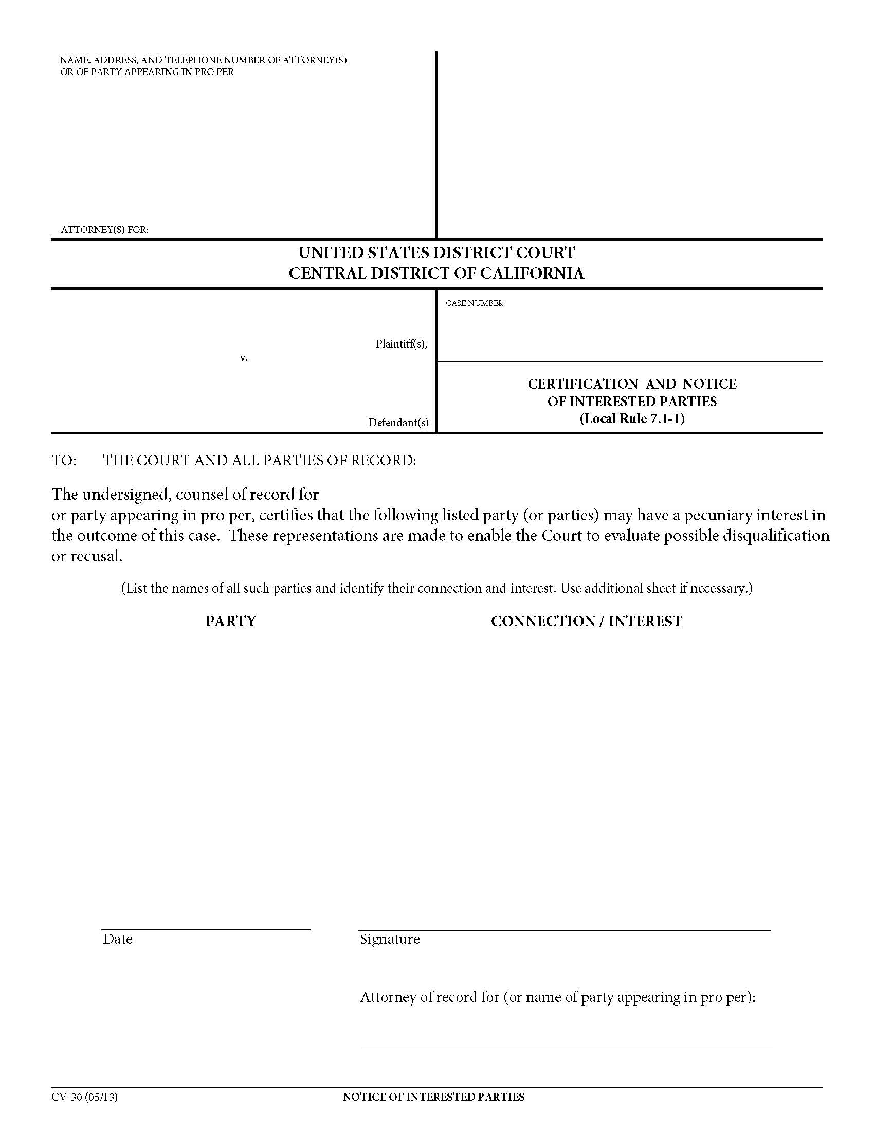 Certification And Notice Of Interested Parties {CV-30} | Pdf Fpdf Doc Docx | California