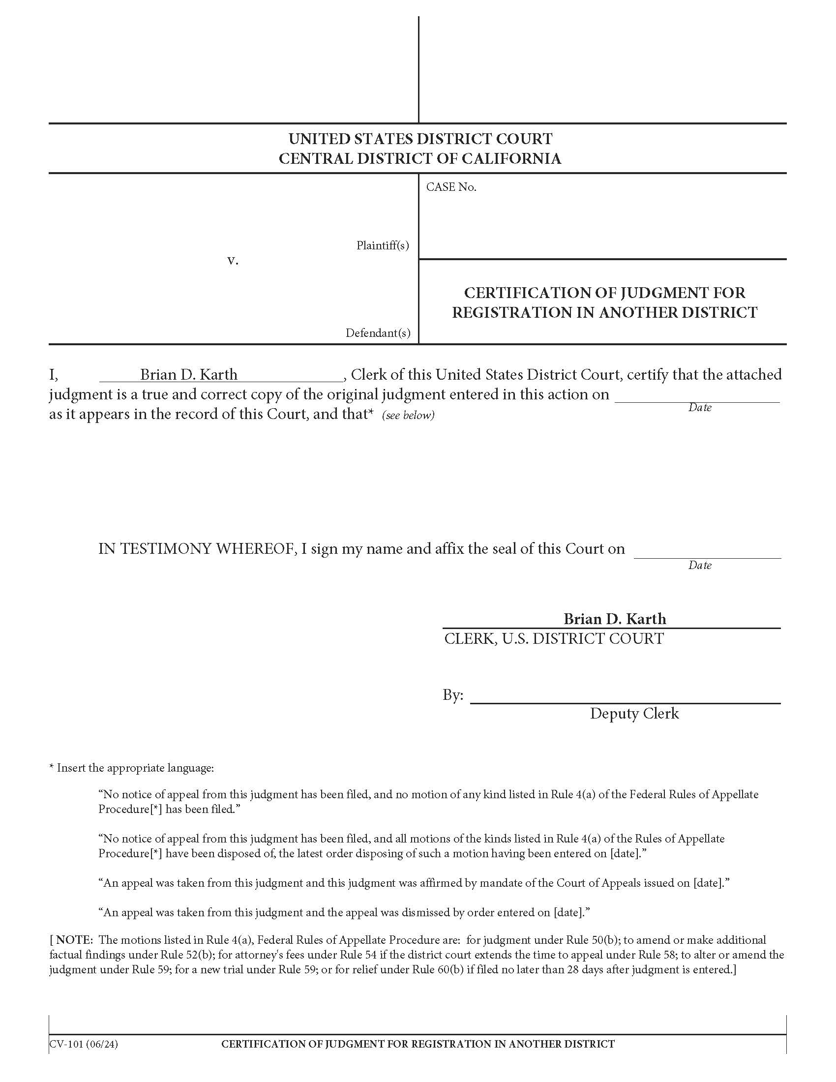 Certification Of Judgment Registration In Another District {CV-101} | Pdf Fpdf Doc Docx | California