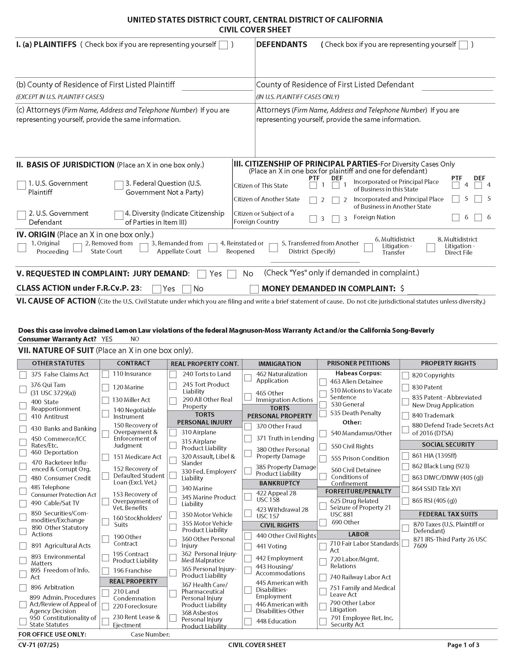 Civil Cover Sheet {CV-71} | Pdf Fpdf Doc Docx | California