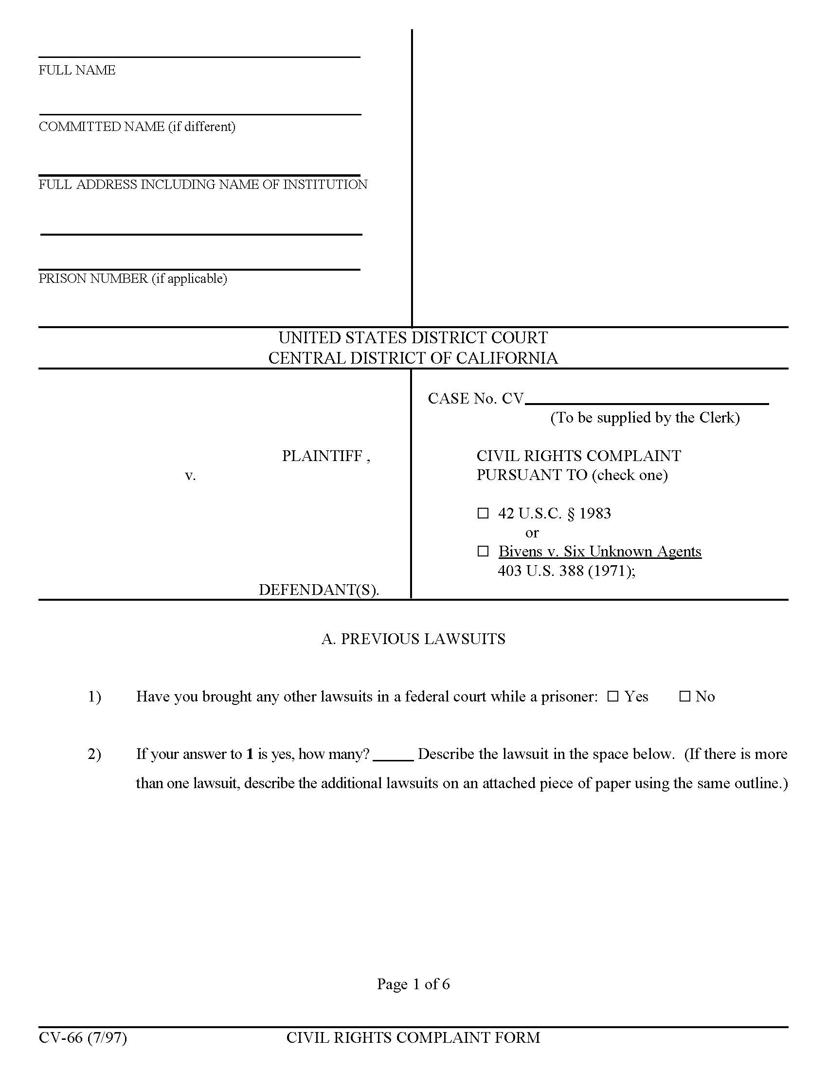 Civil Rights Complaint Form {CV-66} | Pdf Fpdf Doc Docx | California