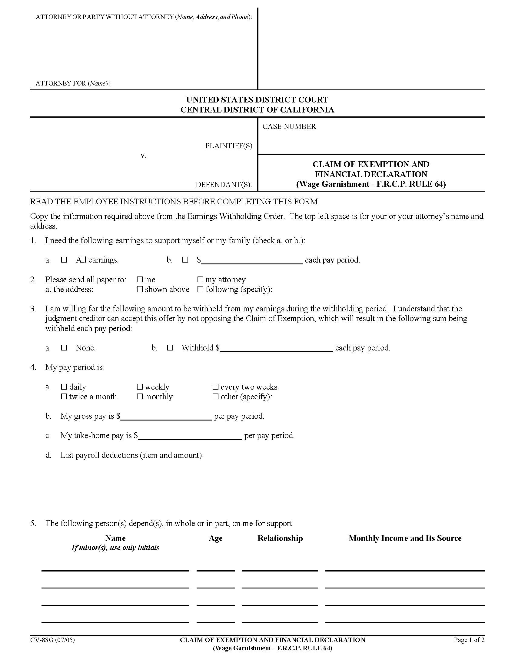 Claim Of Exemption And Financial Declaration {CV-88G} | Pdf Fpdf Doc Docx | California