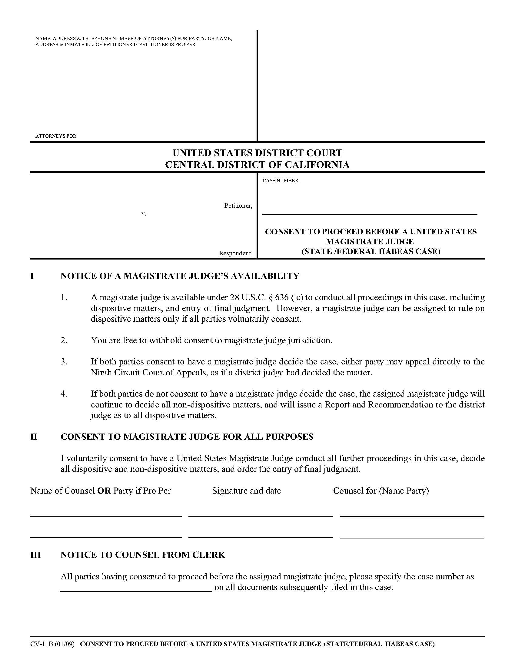 Consent To Proceed Before A United States Magistrate Judge (State-Federal Habeas Case) {CV-11B} | Pdf Fpdf Doc Docx | California