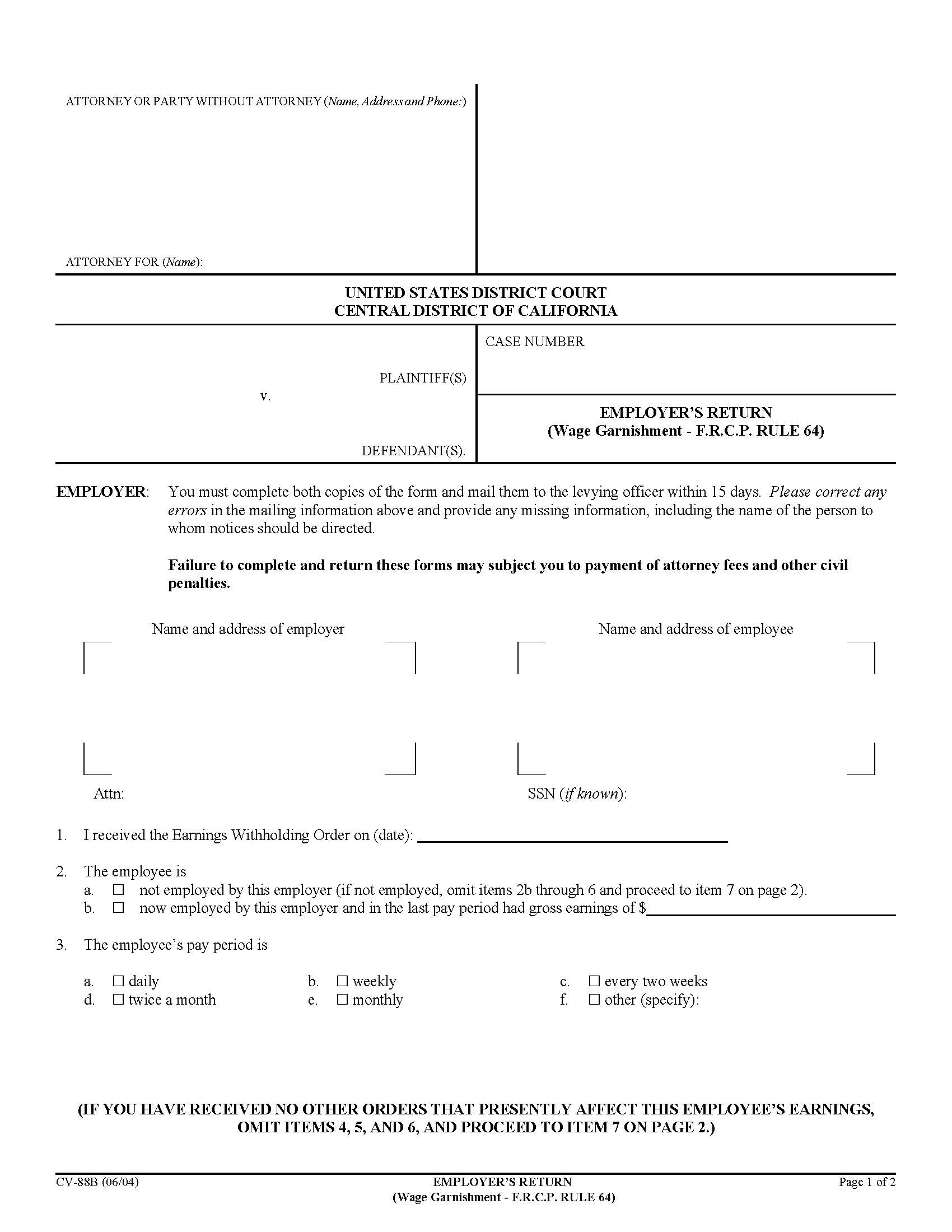 Employers Return (Wage Garnishment-FRCP Rule 64) {CV-88B} | Pdf Fpdf Doc Docx | California